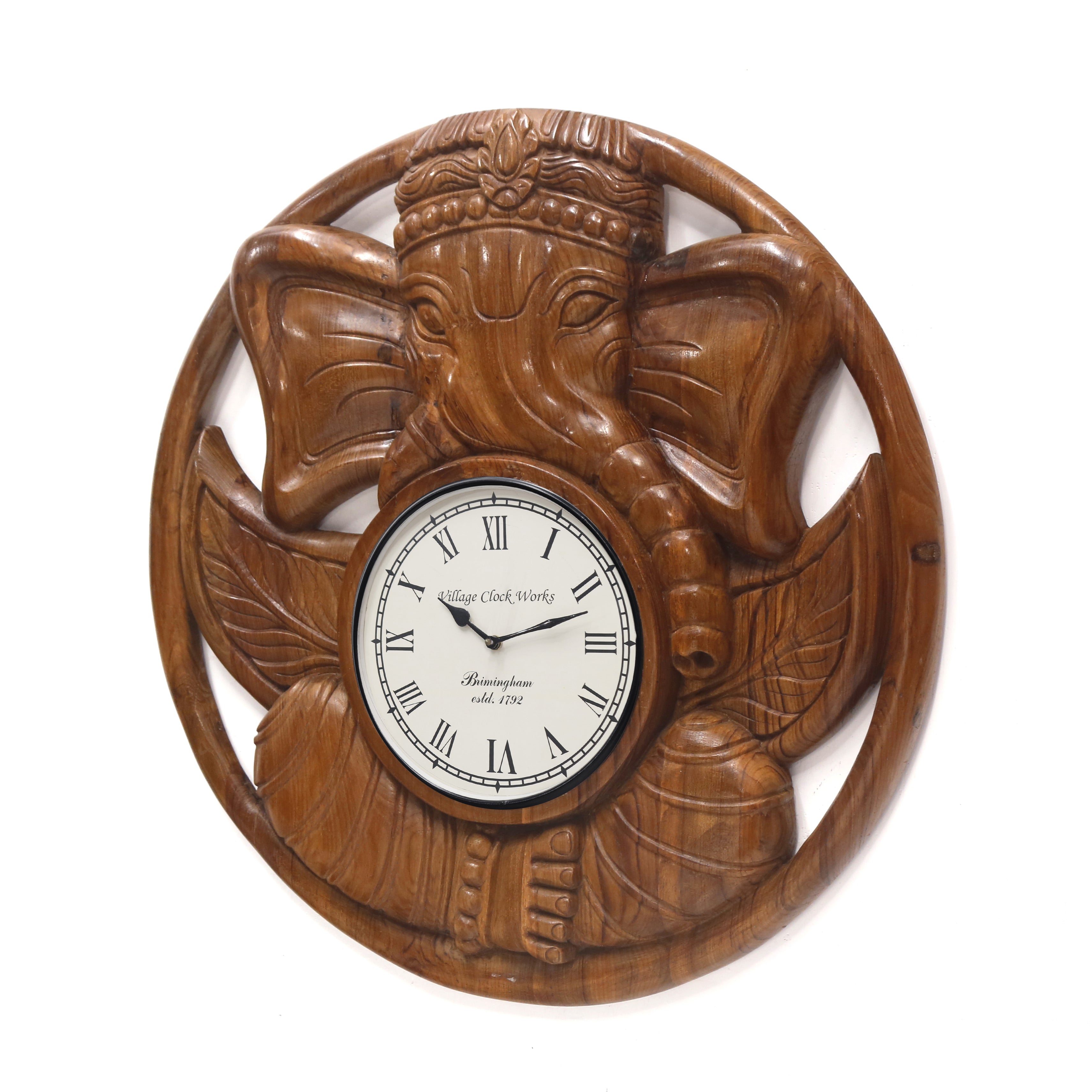 Serene Ganesha Carved Wooden Handmade Clock Clock