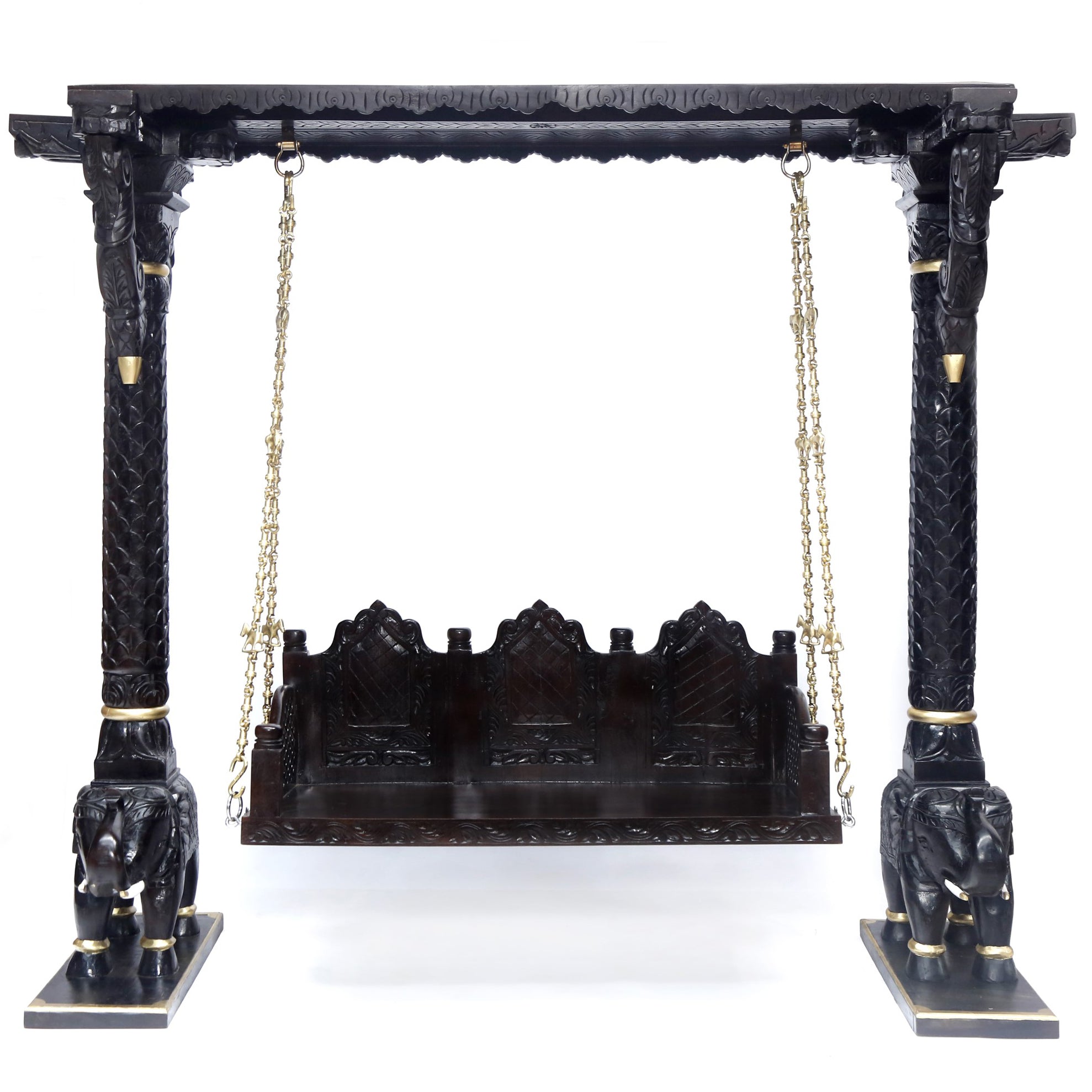 Wooden Brass Chain Royal Carved Elephants pillar Swing Swing