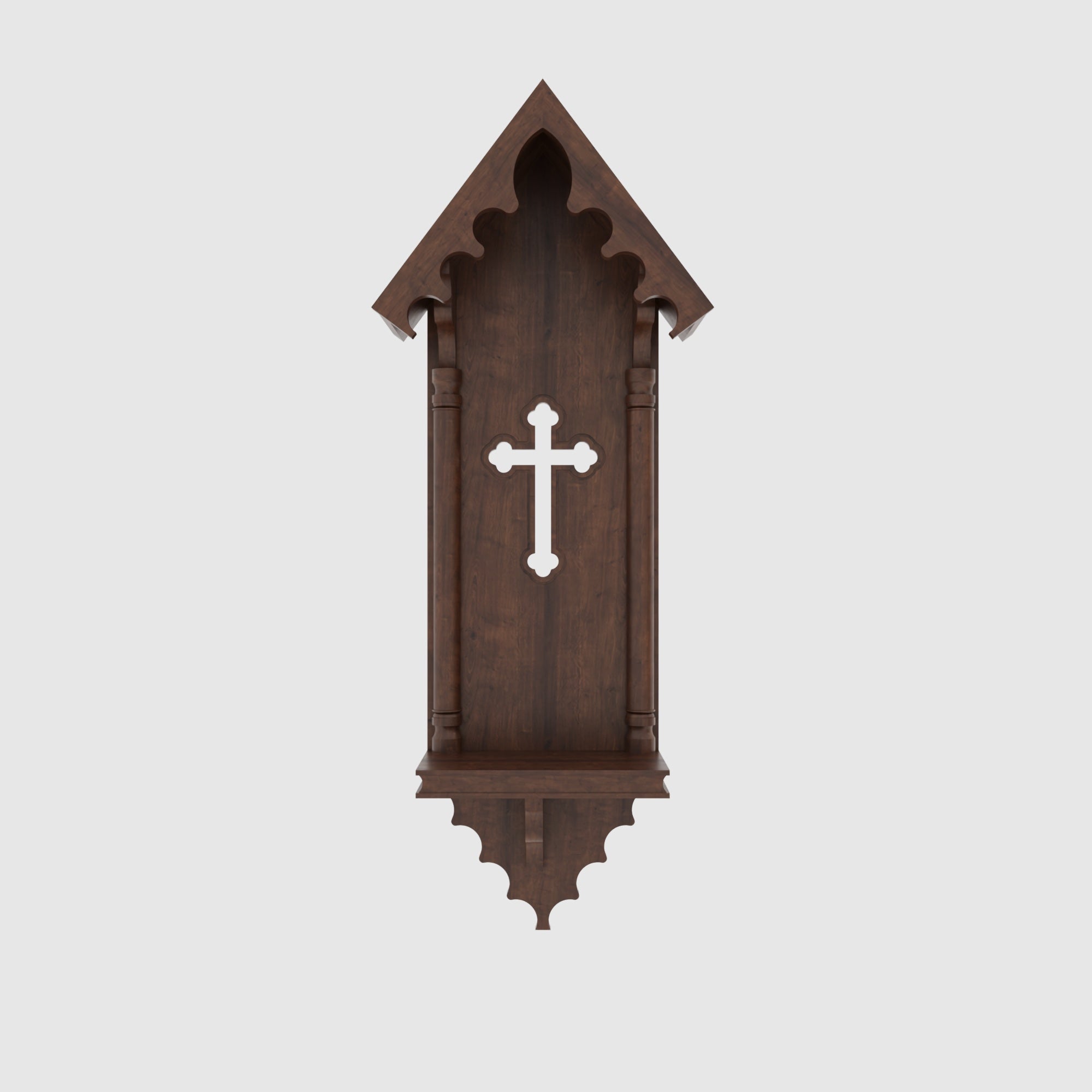 Handcrafted Gothic Wall-Mounted Altar Shelf with Cross & Pointed Arch Canopy Altar