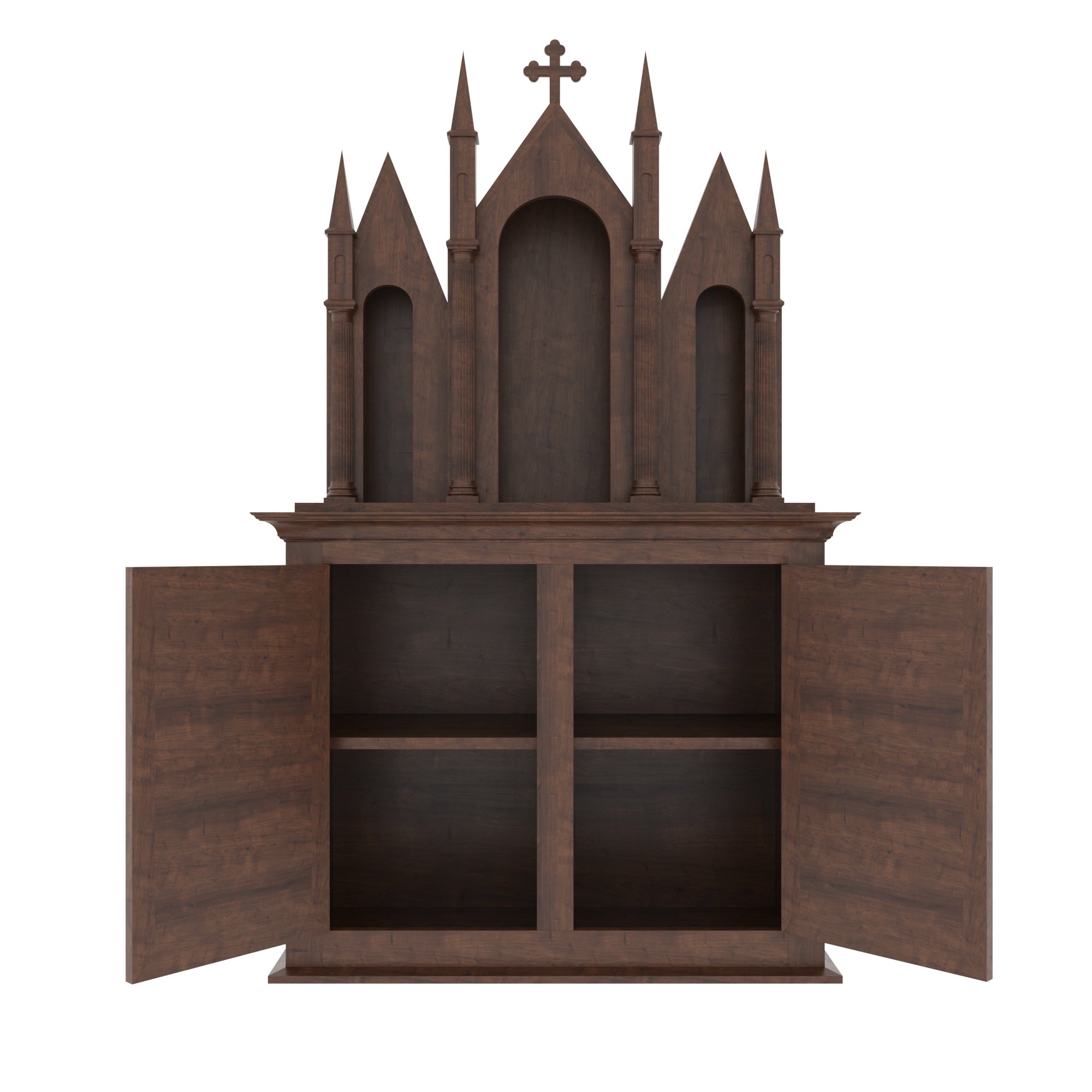 Gothic Freestanding Wooden Altar with Triple Arch Niches, Multi-Spire Top & Storage Cabinet Altar
