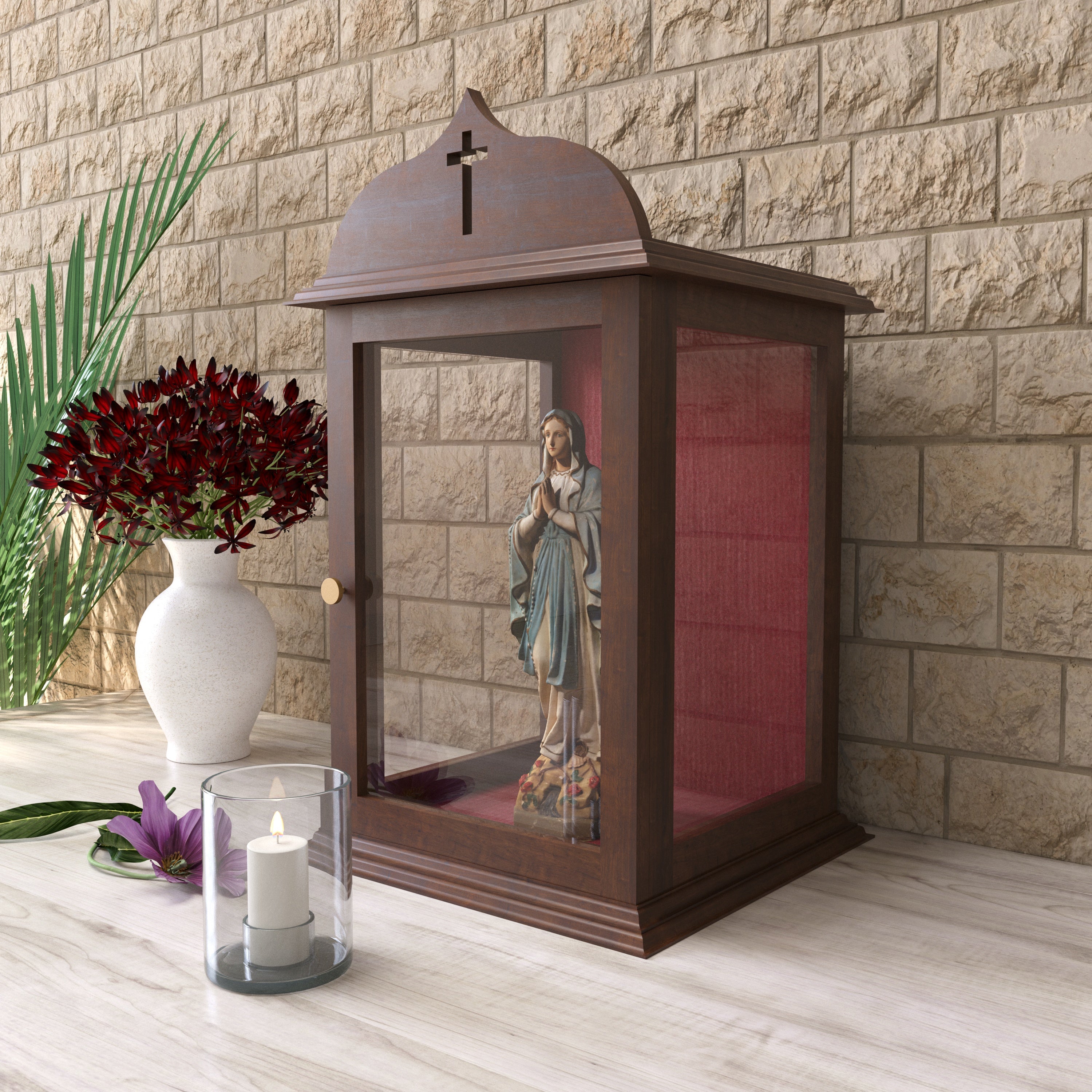 Handcrafted Wooden Chapel Altar Cabinet with Glass Door. Altar