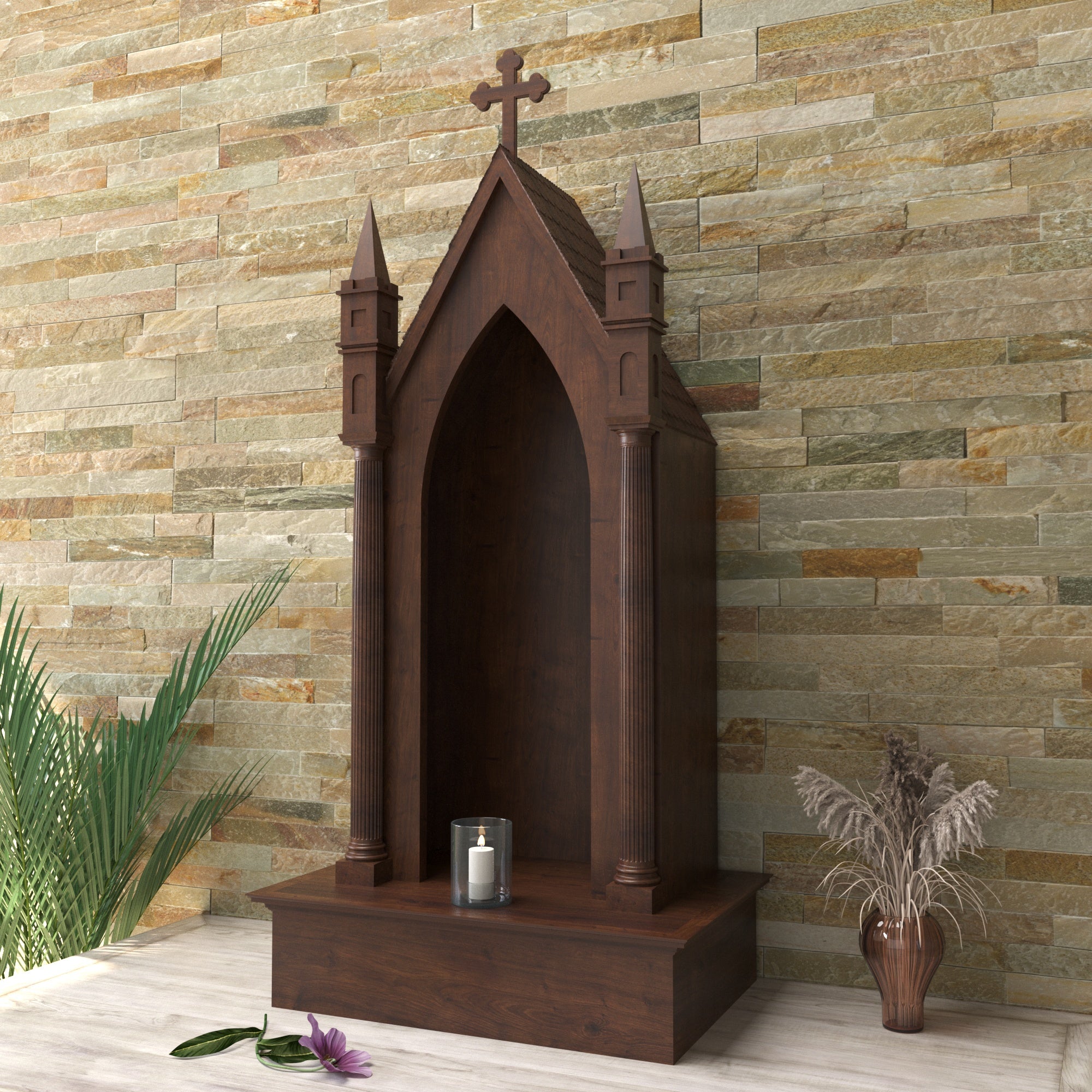 Gothic Cathedral Wooden Altar with Pointed Arch Niche, Fluted Columns & Twin Spires Altar