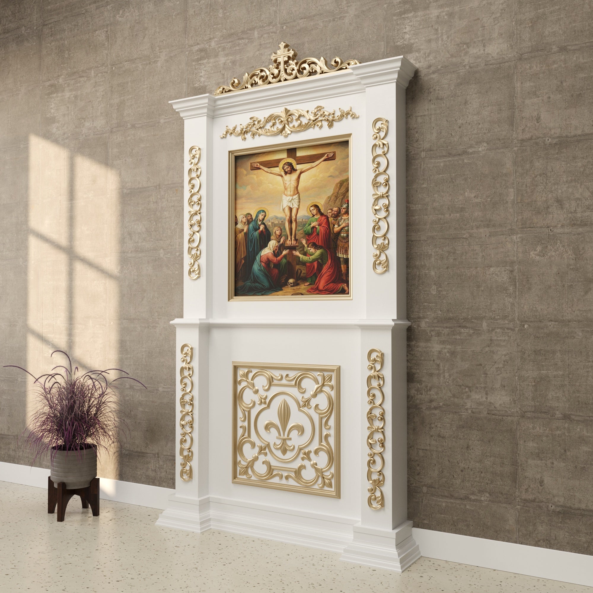 Grand White & Gold Wall Altar with Ornate Carvings Altar