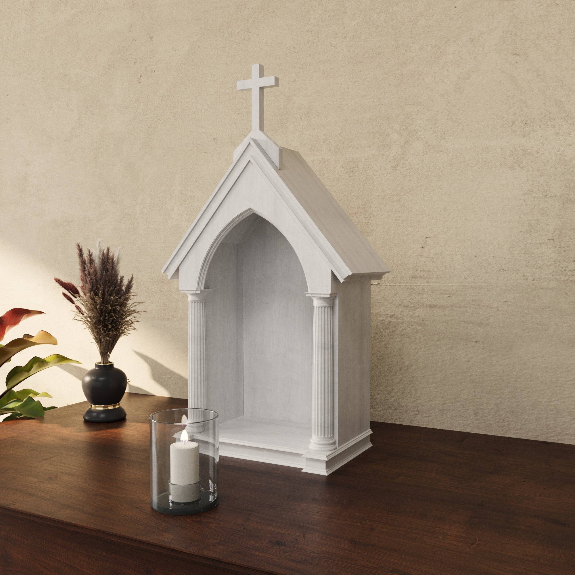 White Wooden Chapel Altar with Gothic Arch Niche & Fluted Columns Altar