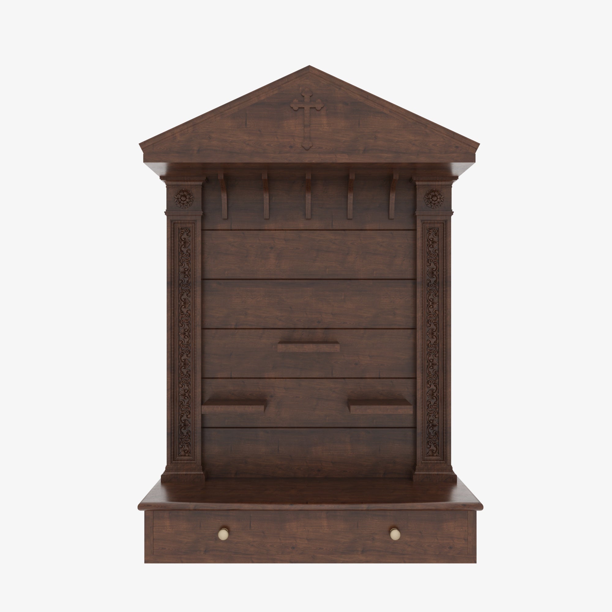 Wooden Wall Altar with Gabled Roof, Carved Columns & Drawer Altar