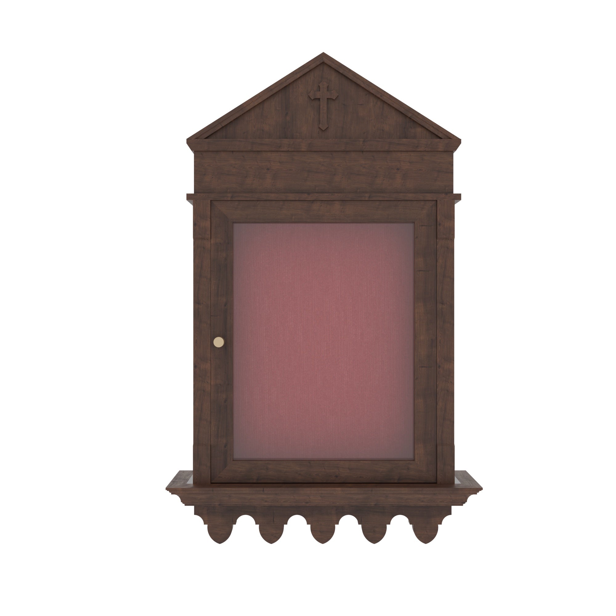 Wooden Wall-Mount Altar Cabinet with Gabled Pediment, Glass Door & Scalloped Shelf Altar