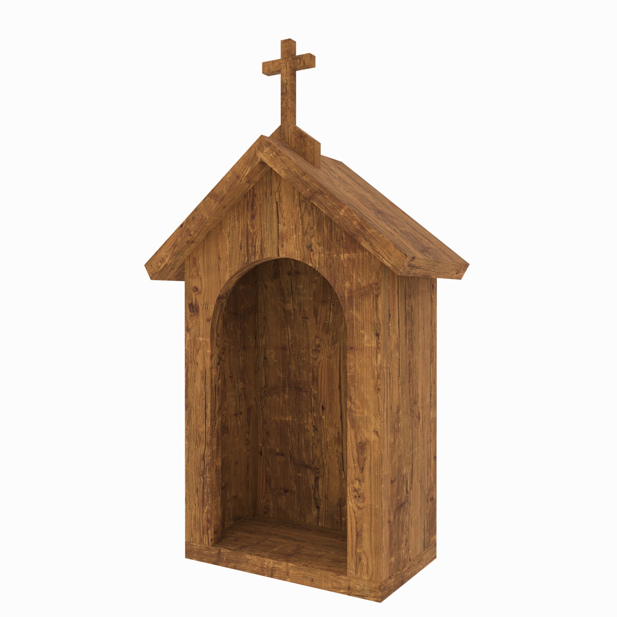 Handcrafted Rustic Wooden Chapel Shrine with Arched Niche & Cross Altar