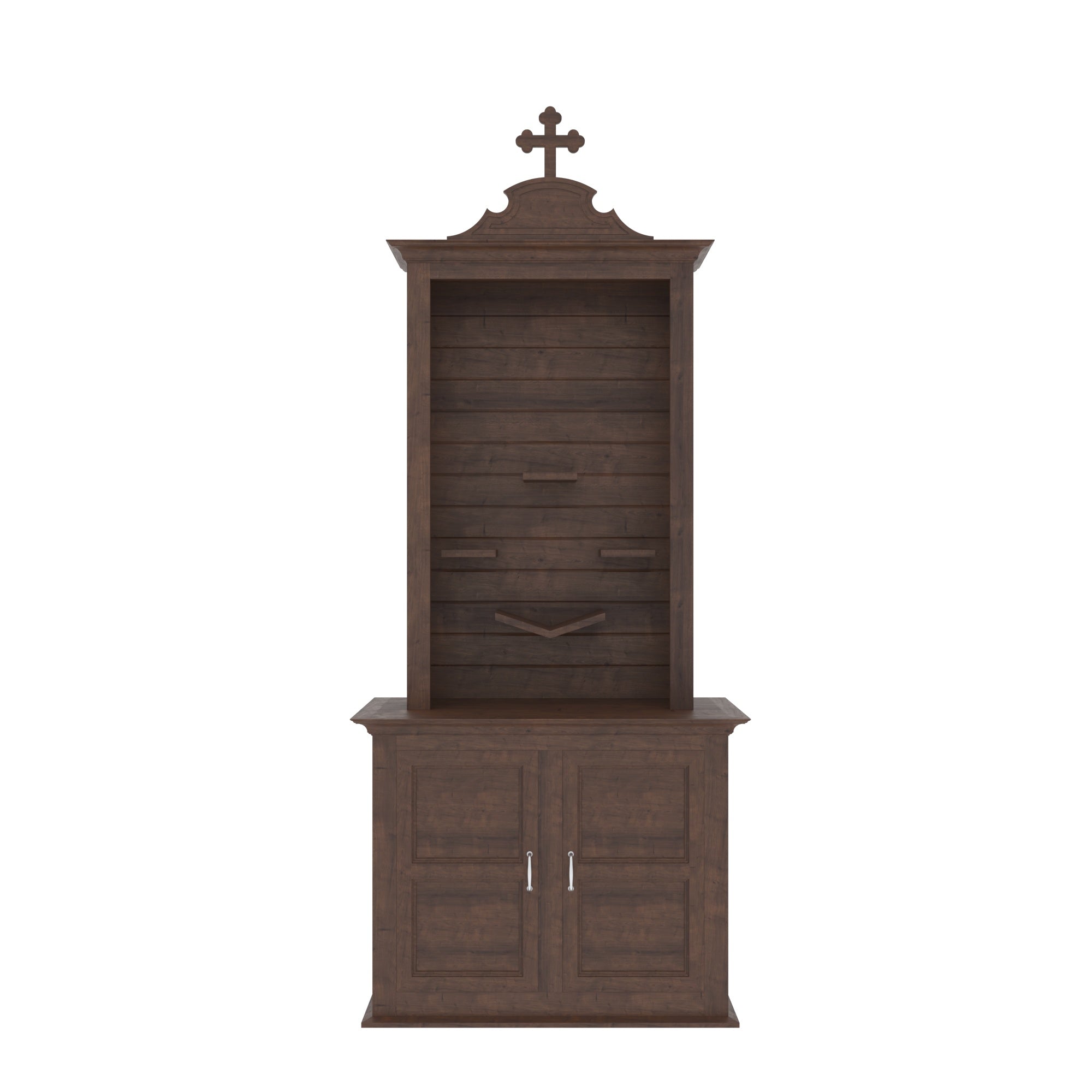 Wooden Freestanding Altar with Scrolled Pediment, Open Display Hutch & Storage Cabinet Altar