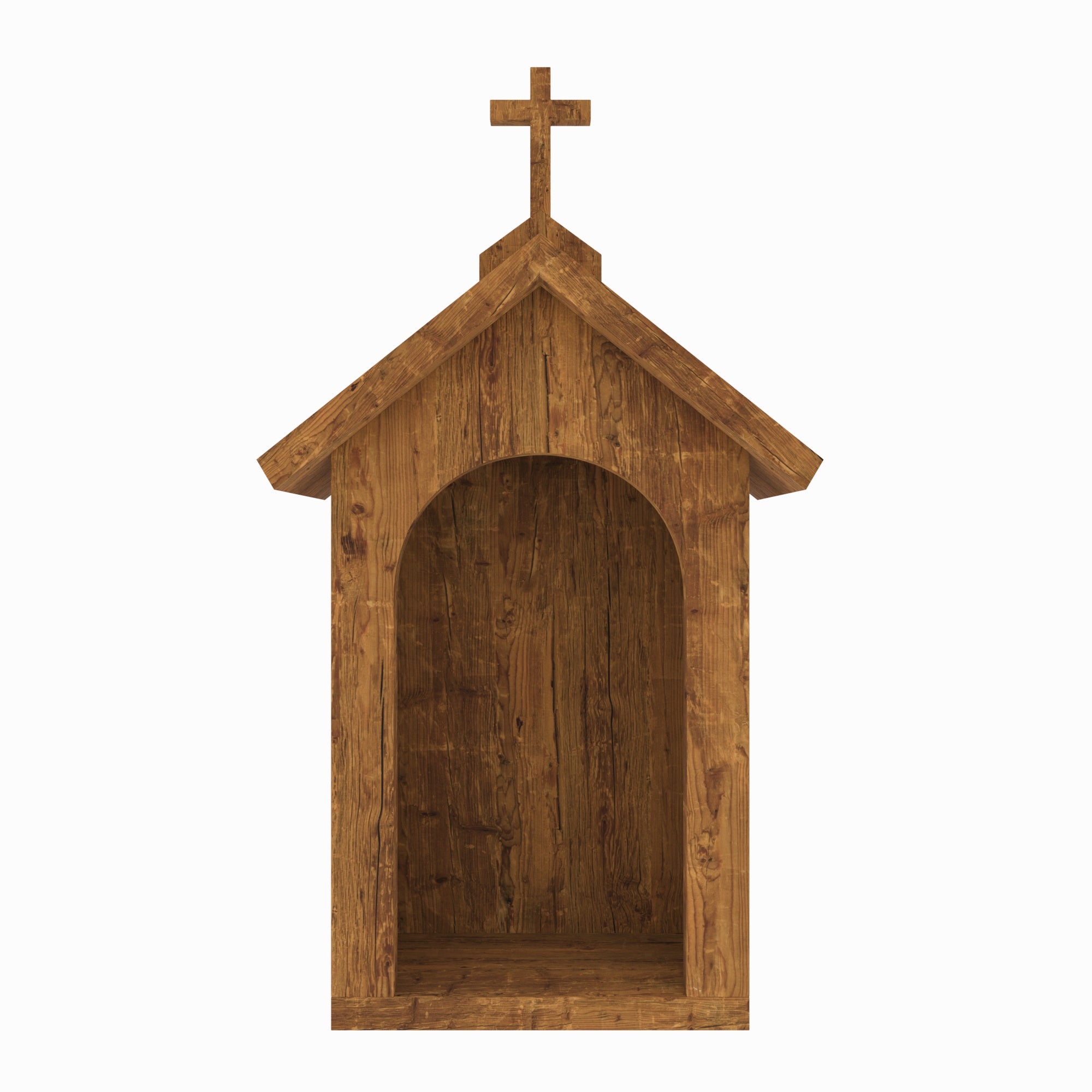 Handcrafted Rustic Wooden Chapel Shrine with Arched Niche & Cross Altar