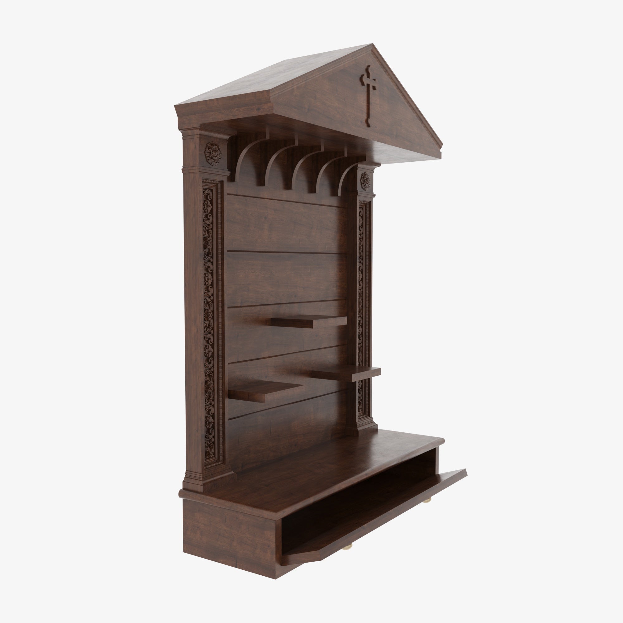 Wooden Wall Altar with Gabled Roof, Carved Columns & Drawer Altar