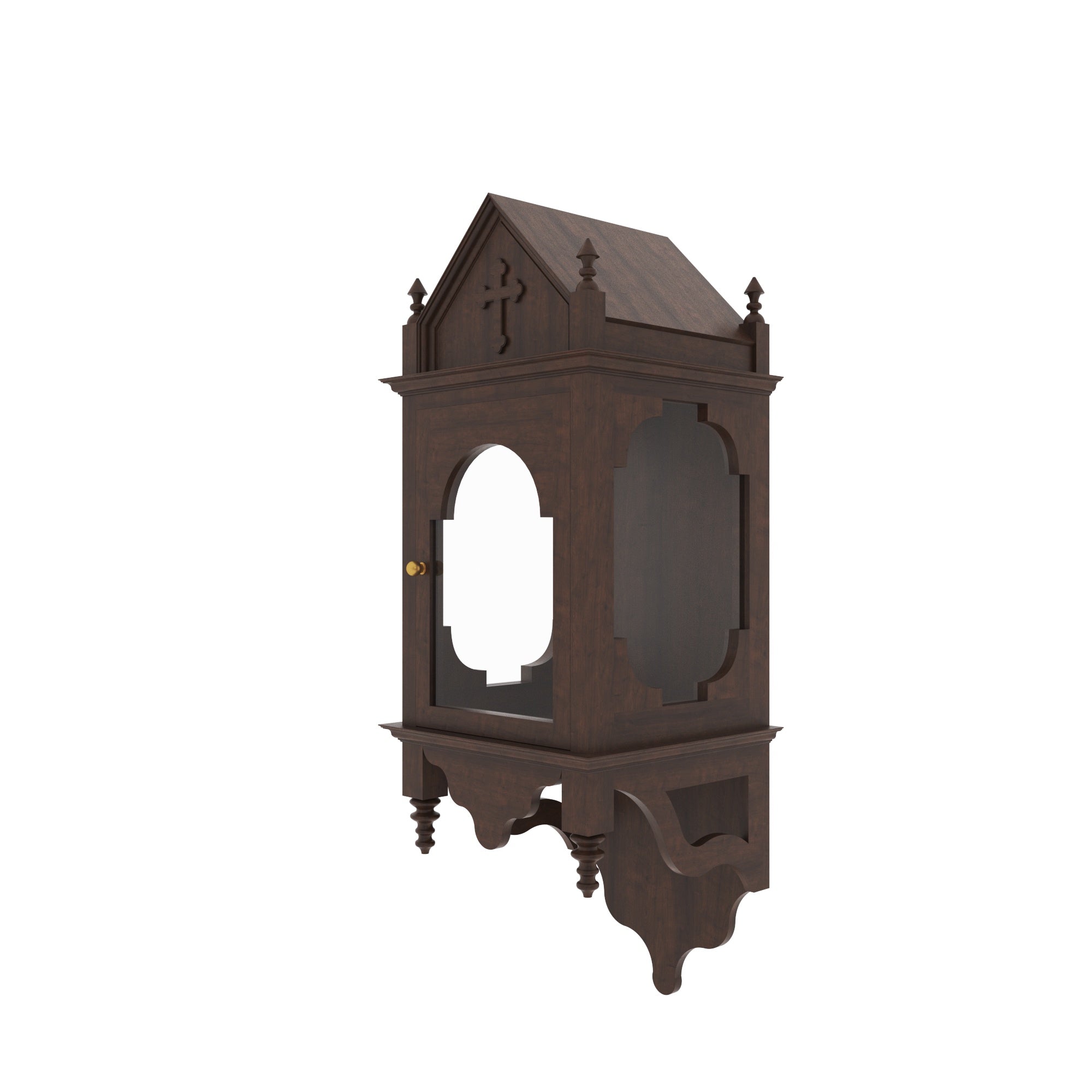 Handcrafted Gothic Wall-Mounted Altar Cabinet with Glass Panels & Cross Altar