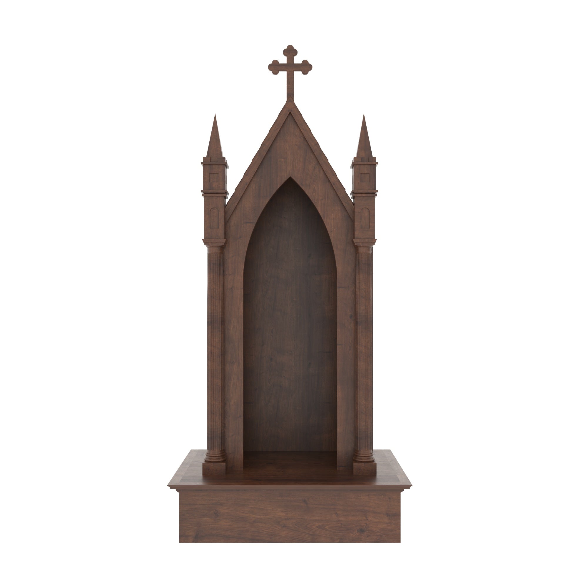Gothic Cathedral Wooden Altar with Pointed Arch Niche, Fluted Columns & Twin Spires Altar