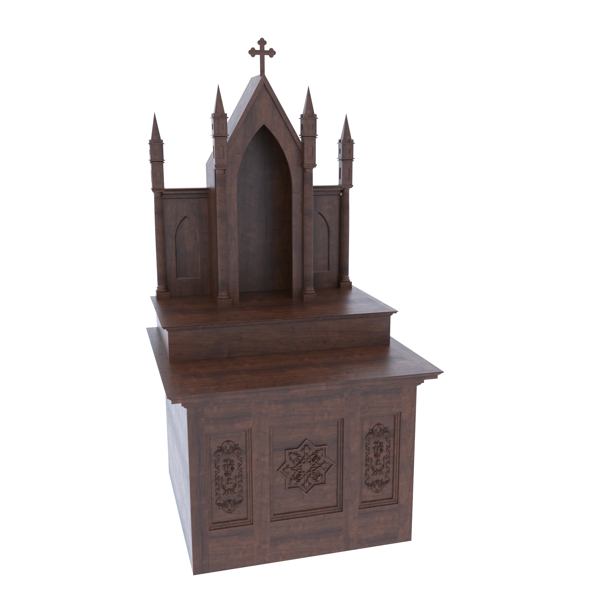 Gothic Cathedral Freestanding Wooden Altar with Carved Cabinet Base & Multi-Spire Top Altar