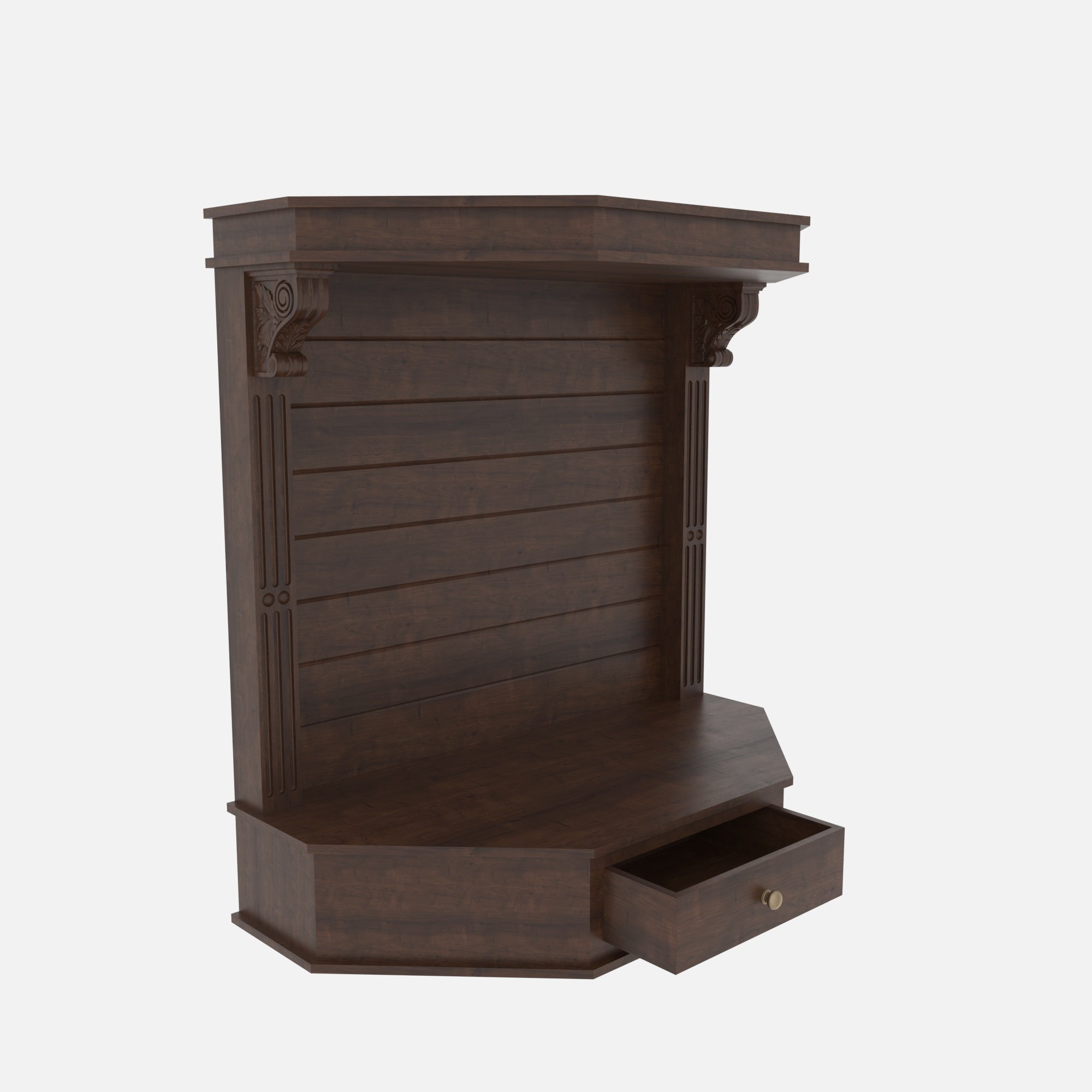 Wooden Wall Altar with Stepped Cornice, Slatted Back & Drawer Altar