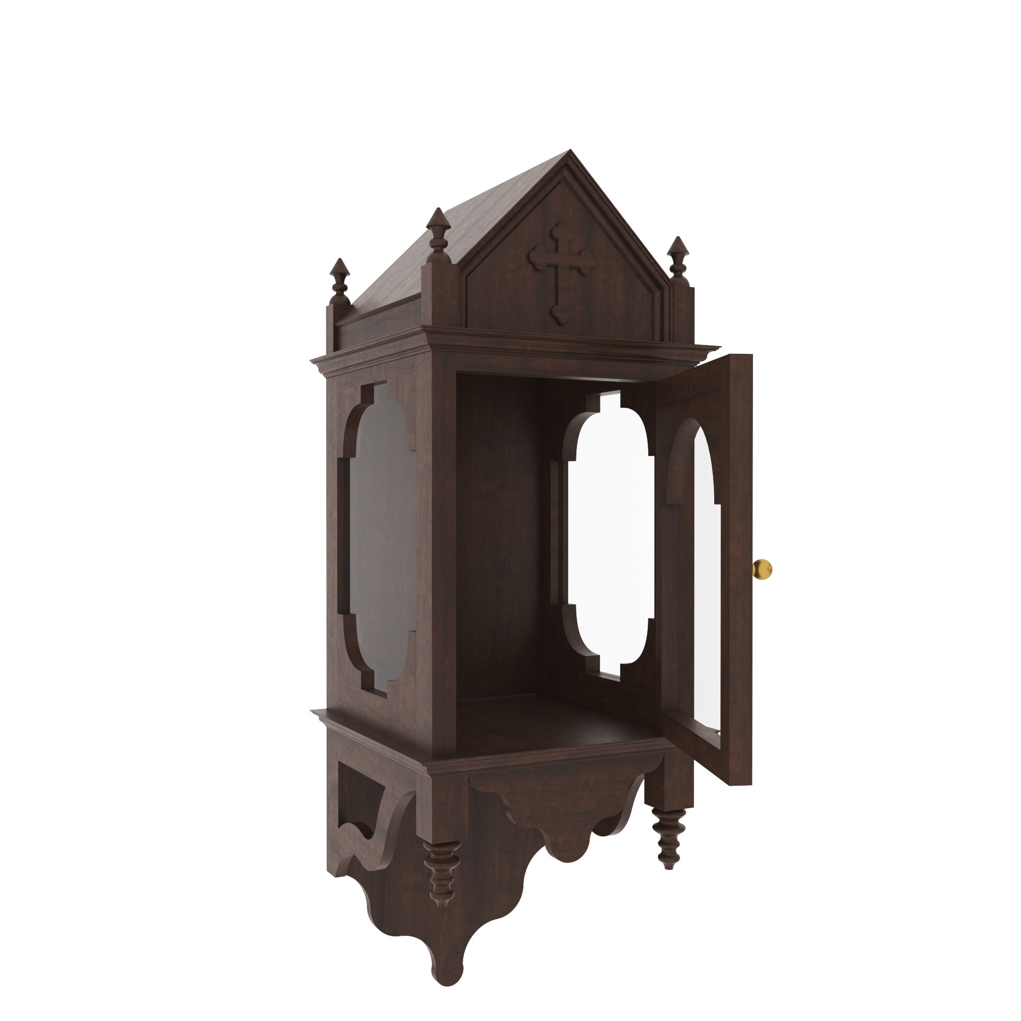 Handcrafted Gothic Wall-Mounted Altar Cabinet with Glass Panels & Cross Altar