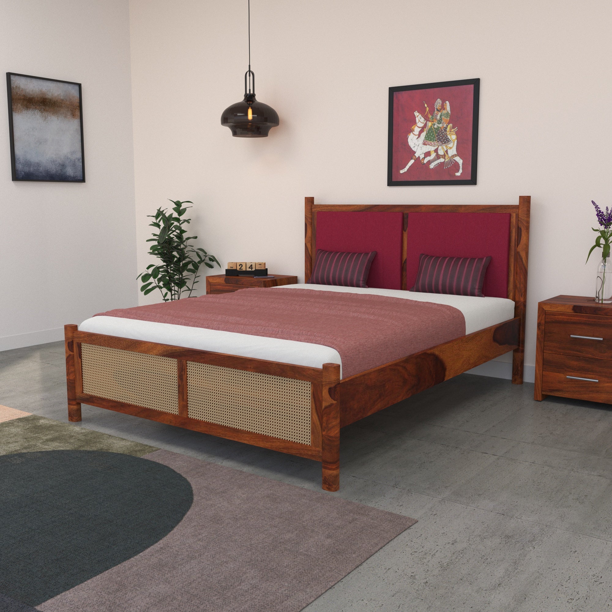 Upholstered Headboard Bed with Cane Panel Footboard Bed