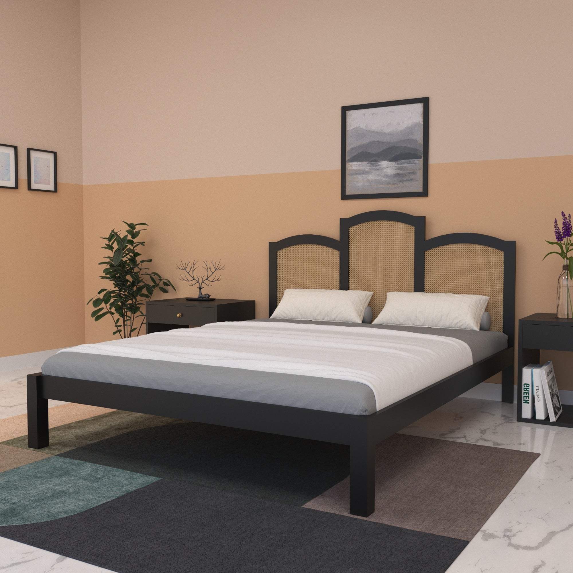 Triple-Arch Cane Panel Bed with Elegant Design Bed