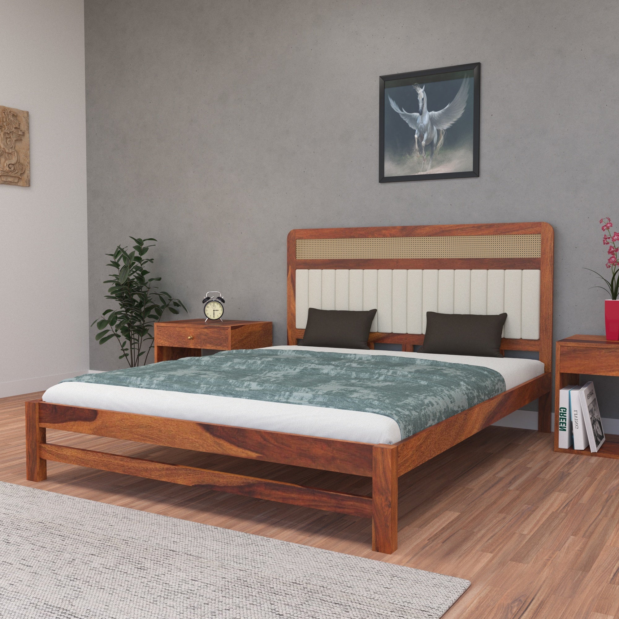 Upholstered & Cane Panel Bed with Modern Elegance Bed