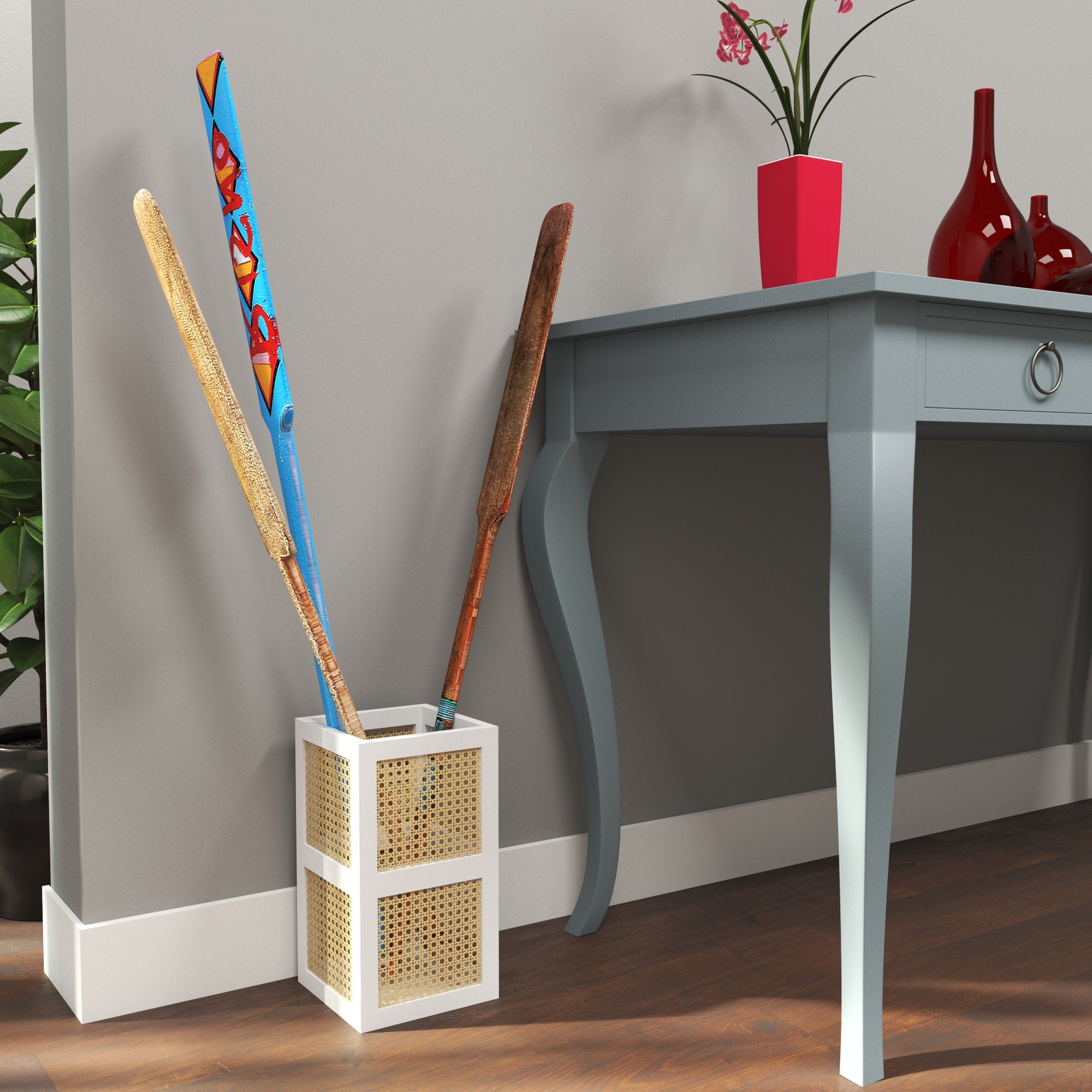 White Cane Umbrella Stand - Natural Rattan Webbing Storage Organizer Wooden Box