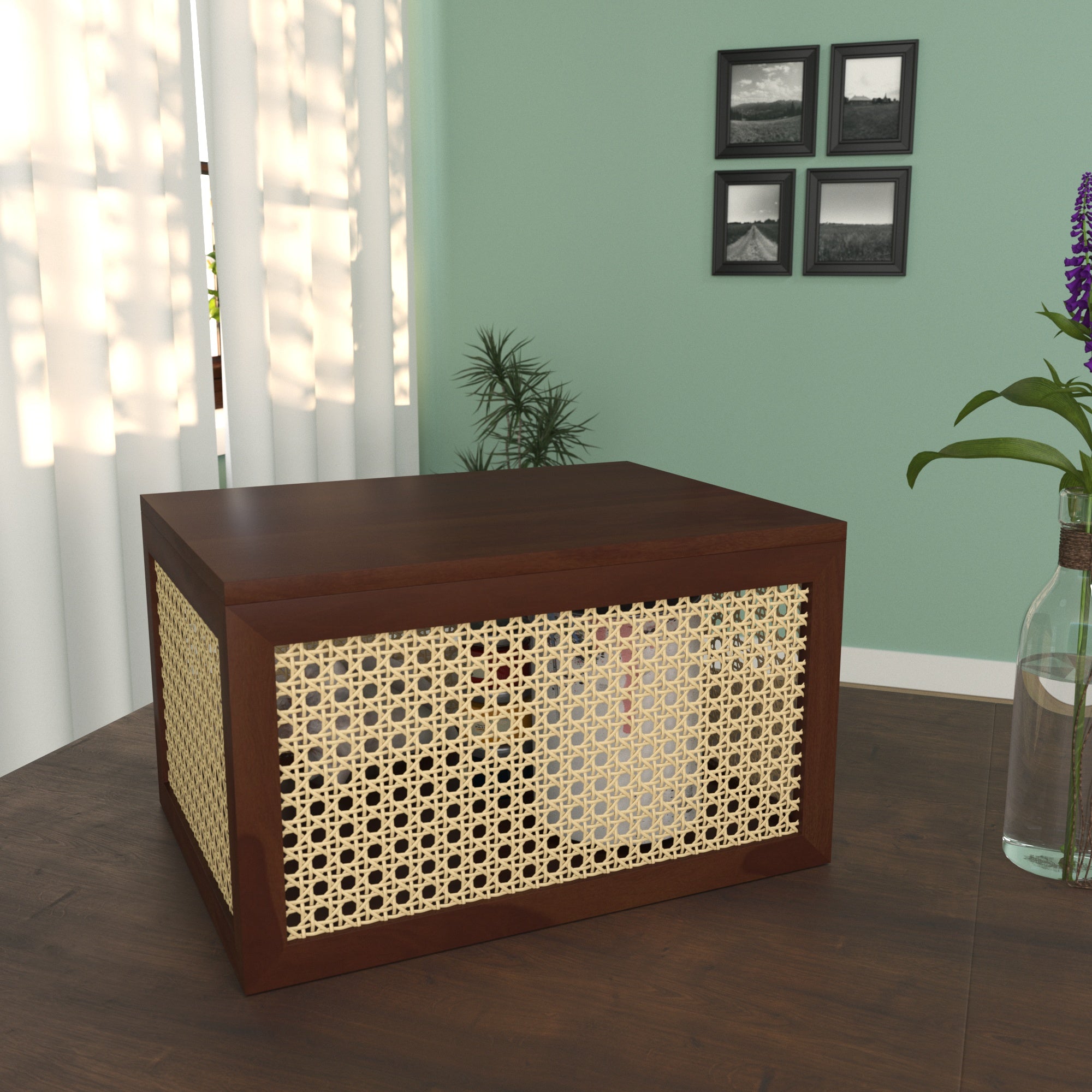 Brown Cane Storage Trunk - Large Wooden Chest with Natural Rattan Webbing Wooden Box