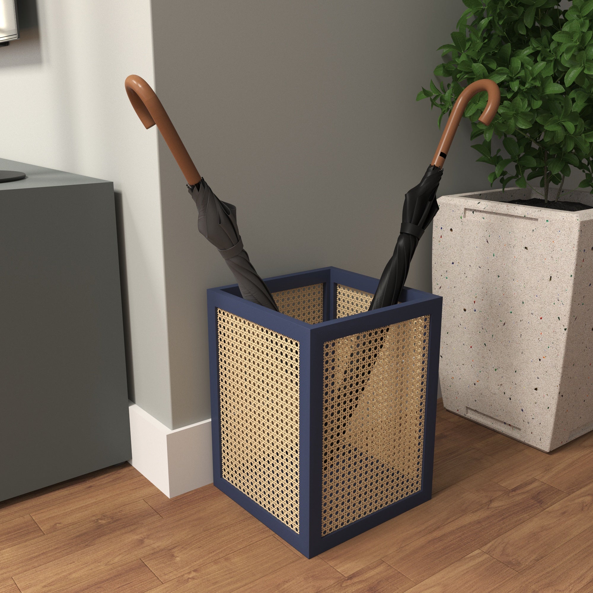 Blue Cane Umbrella Stand - Modern Storage with Natural Rattan Webbing Wooden Box