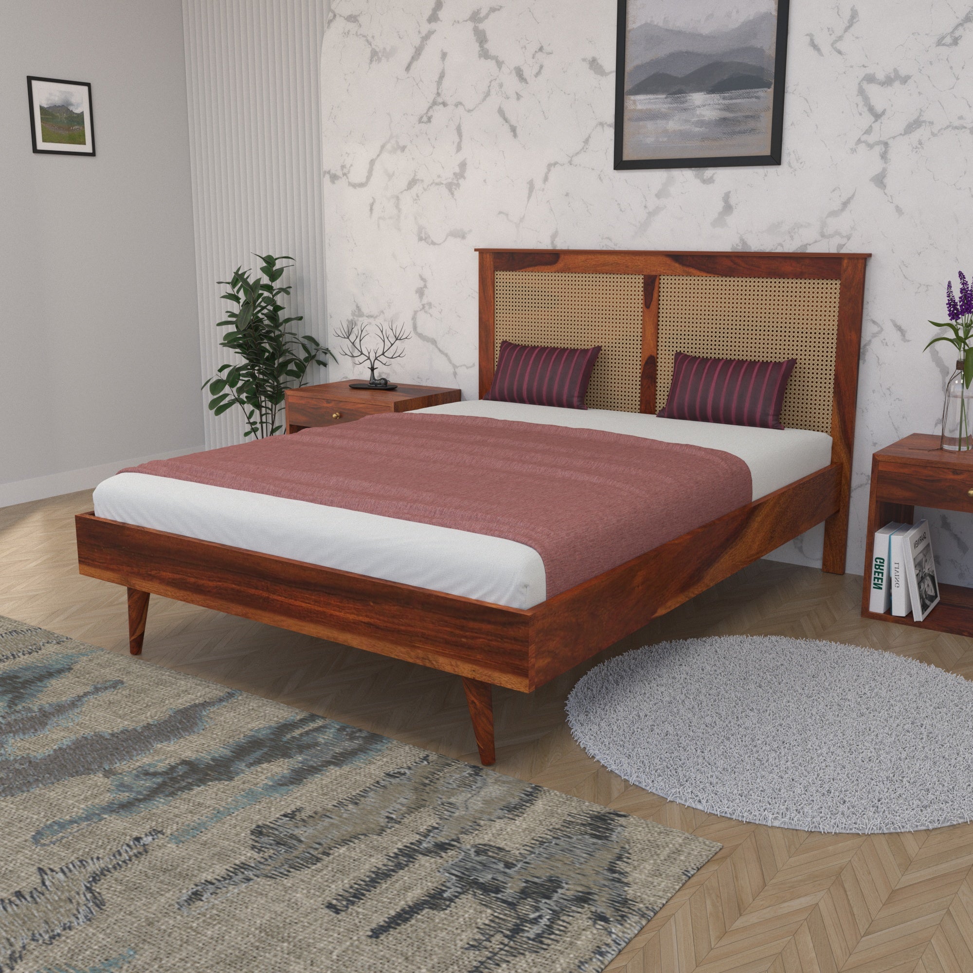 Mid-Century Cane Panel Bed with Tapered Legs Bed