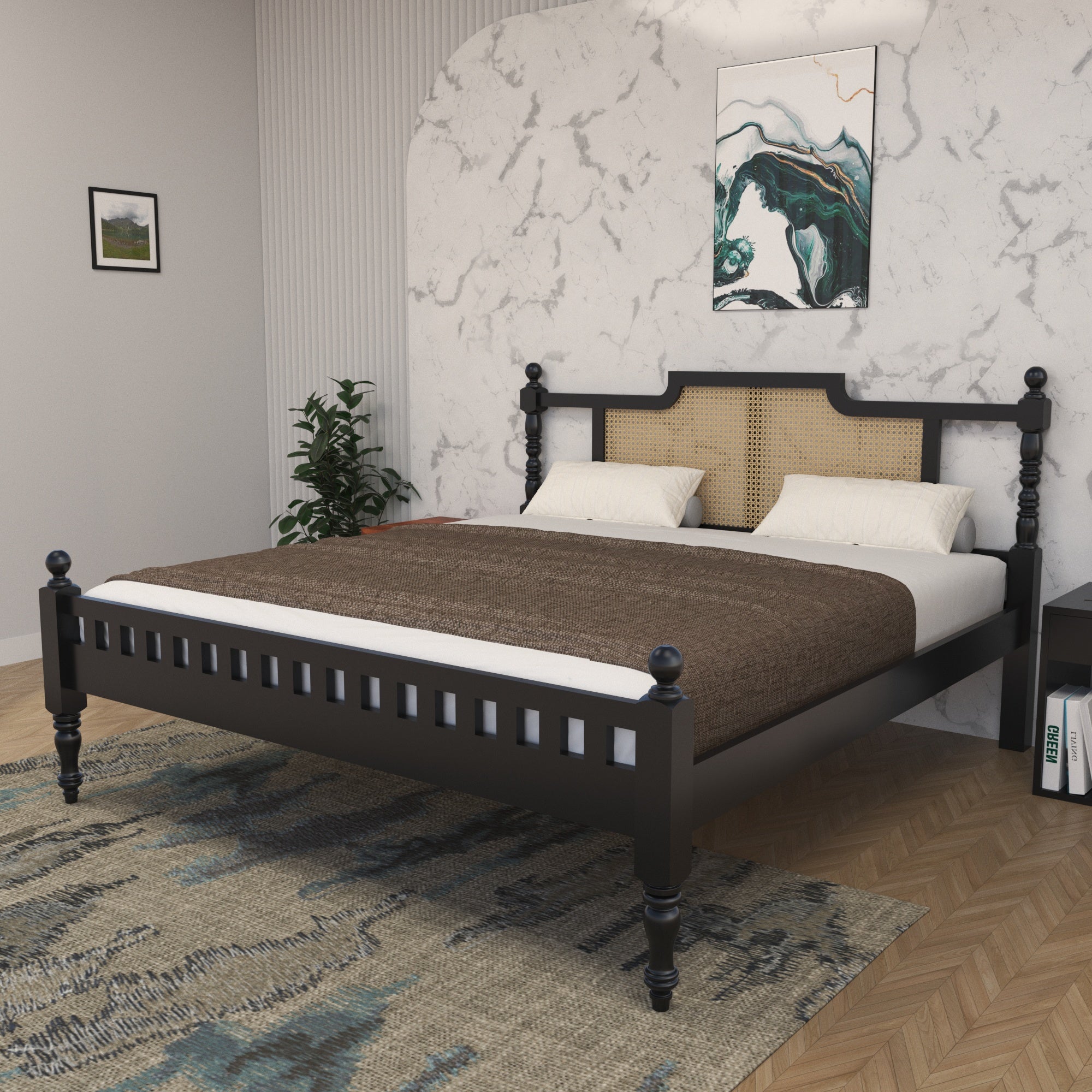 Heritage Bed with Ornate Posts & Curved Cane Headboard Bed