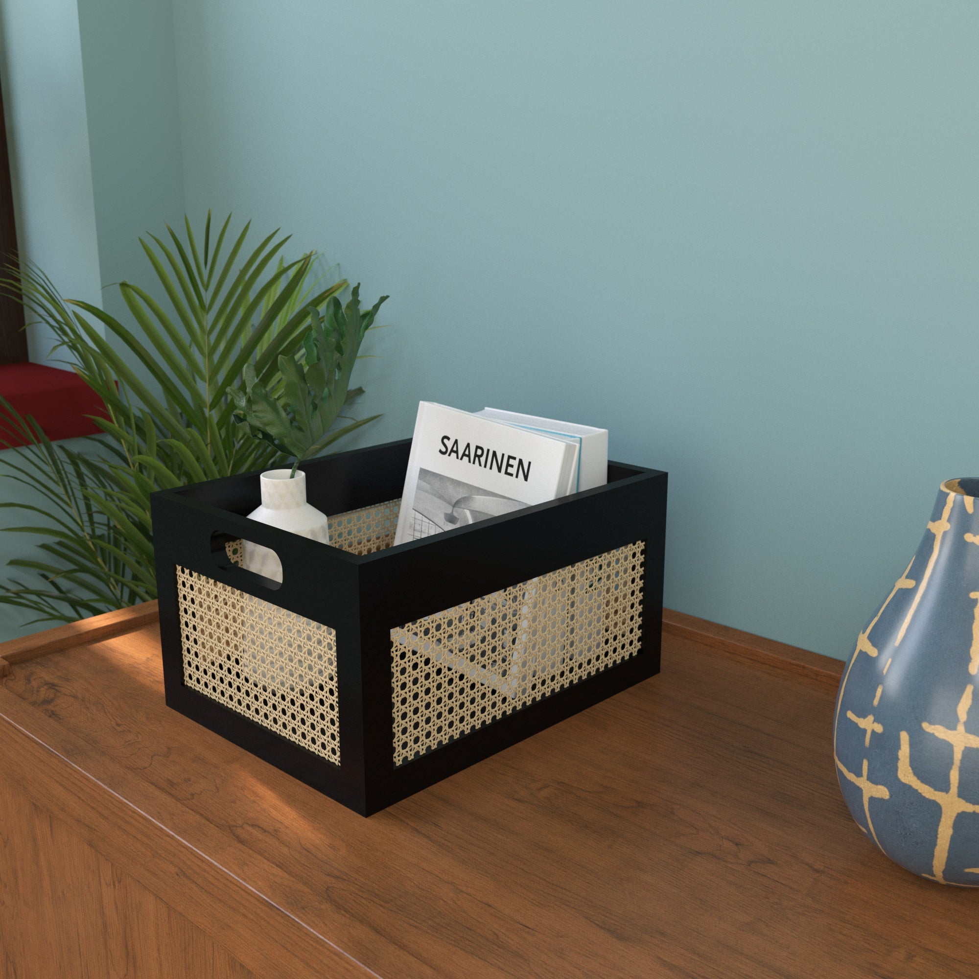 Black Cane Storage Crate - Modern Organizer with Natural Rattan Webbing Wooden Box