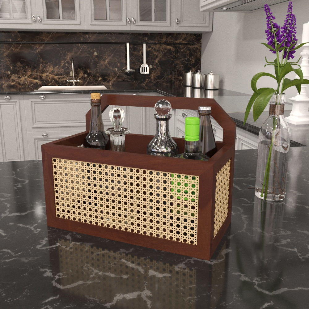 Brown Cane Serving Tray - Wooden Caddy with Natural Rattan Webbing Wooden Box