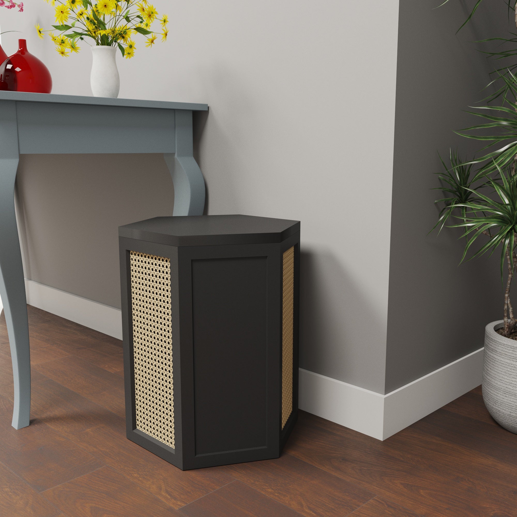 Hexagonal Cane Storage Ottoman - Black Finish with Natural Rattan Webbing Wooden Box