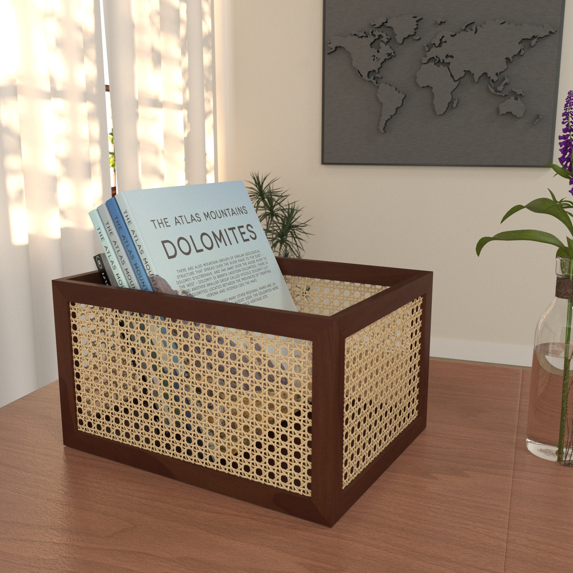 Large Brown Cane Storage Basket - Spacious Organizer with Natural Rattan Webbing Wooden Box