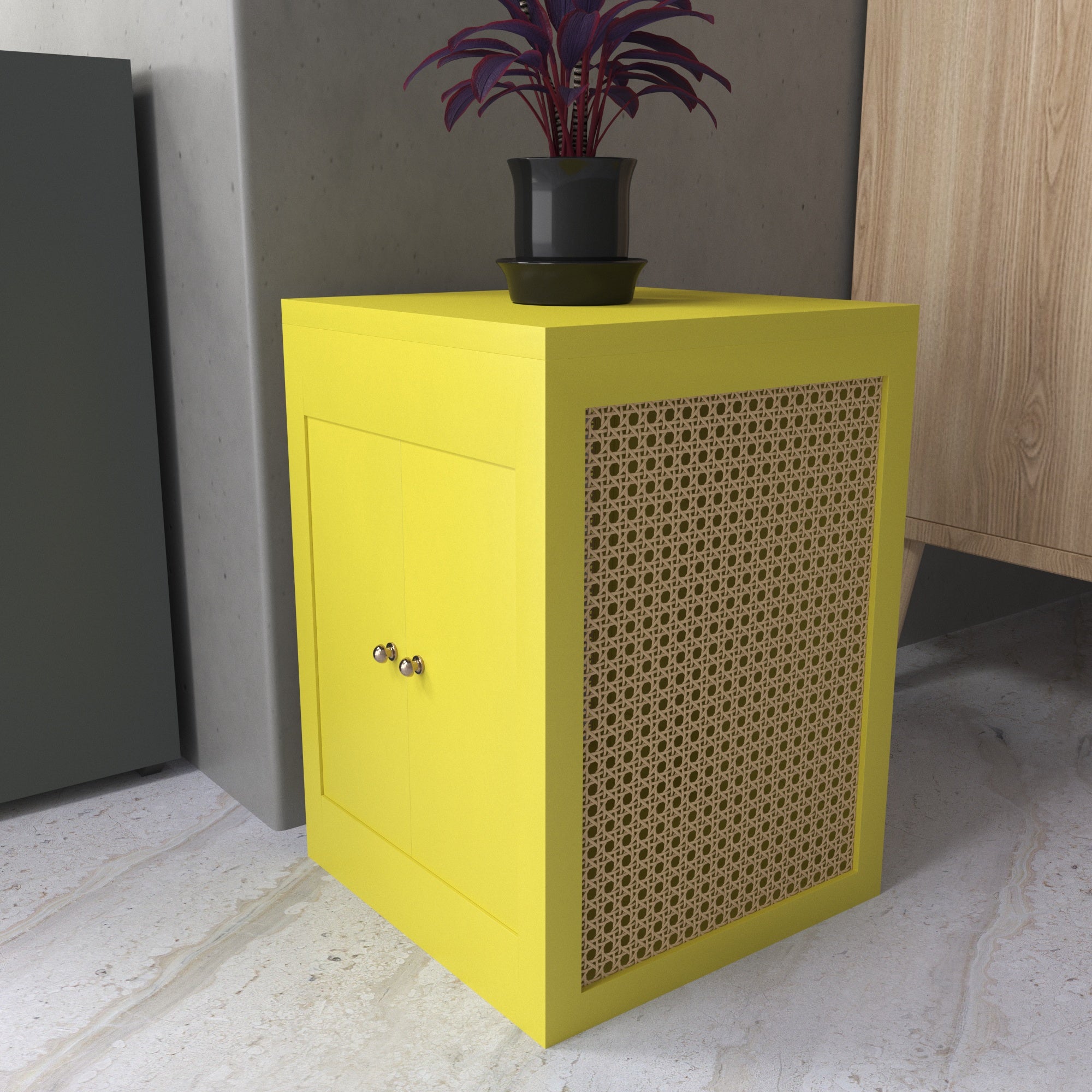 Yellow Cane Cabinet - Modern Storage with Natural Rattan Webbing Wooden Box