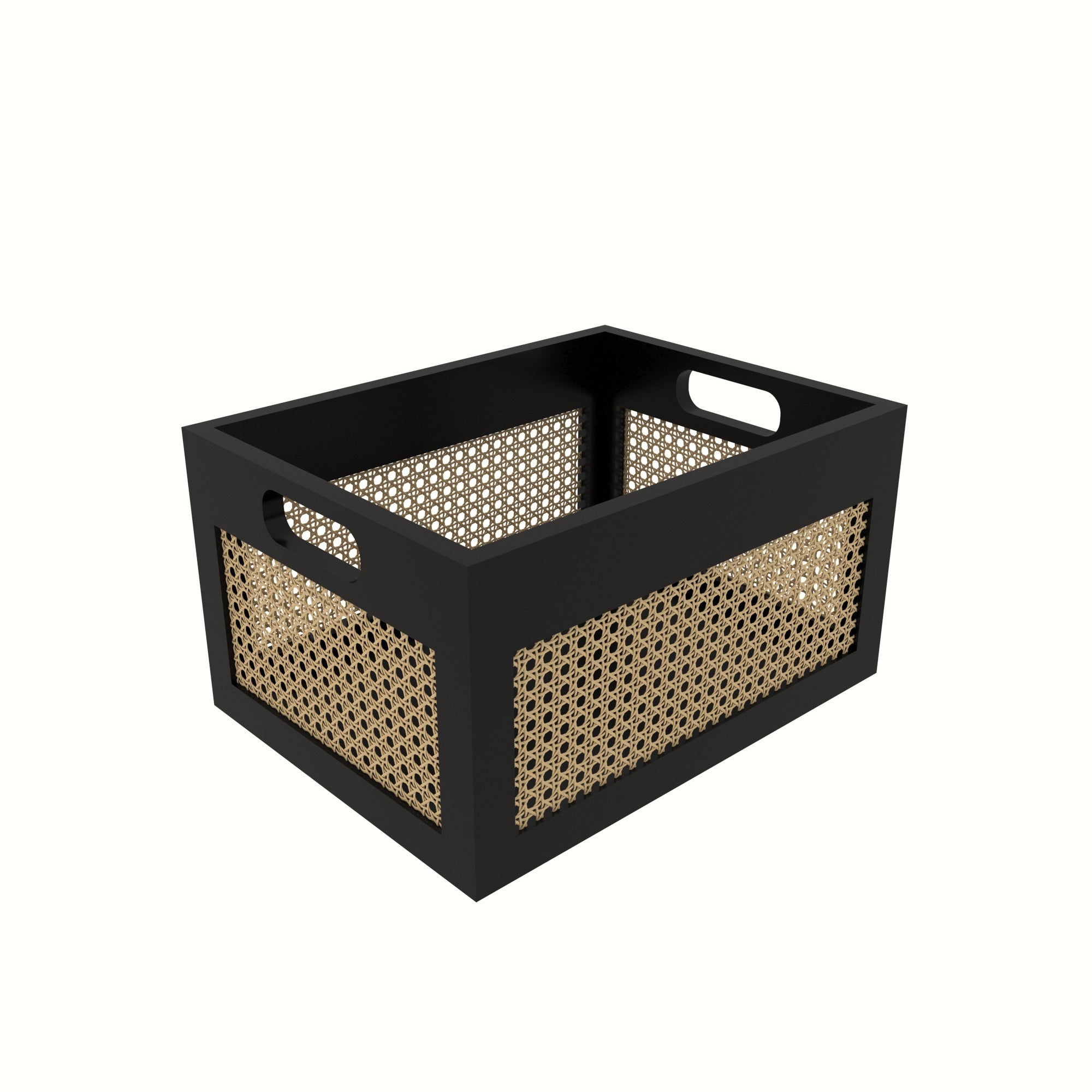 Black Cane Storage Crate - Modern Organizer with Natural Rattan Webbing Wooden Box