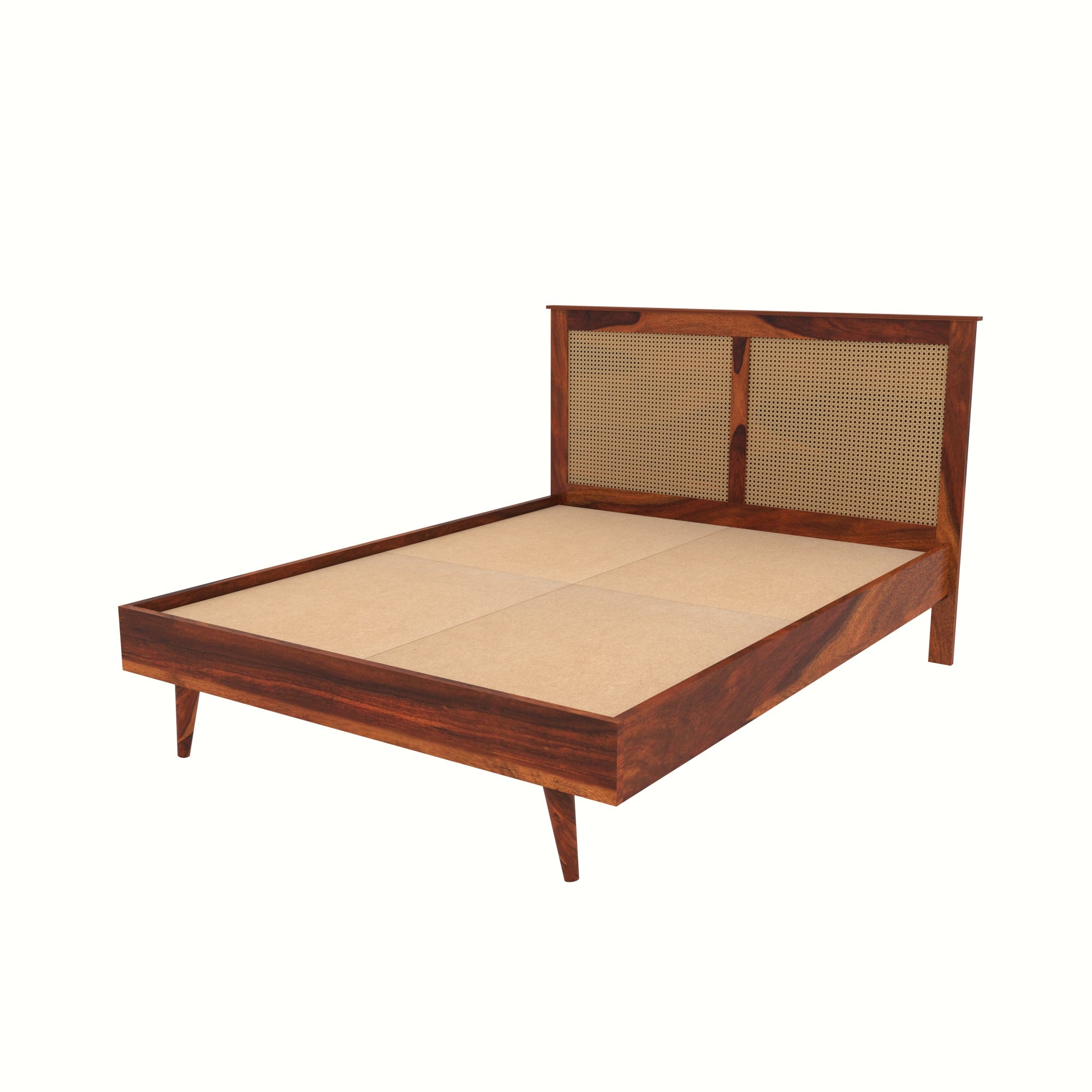 Mid-Century Cane Panel Bed with Tapered Legs Bed
