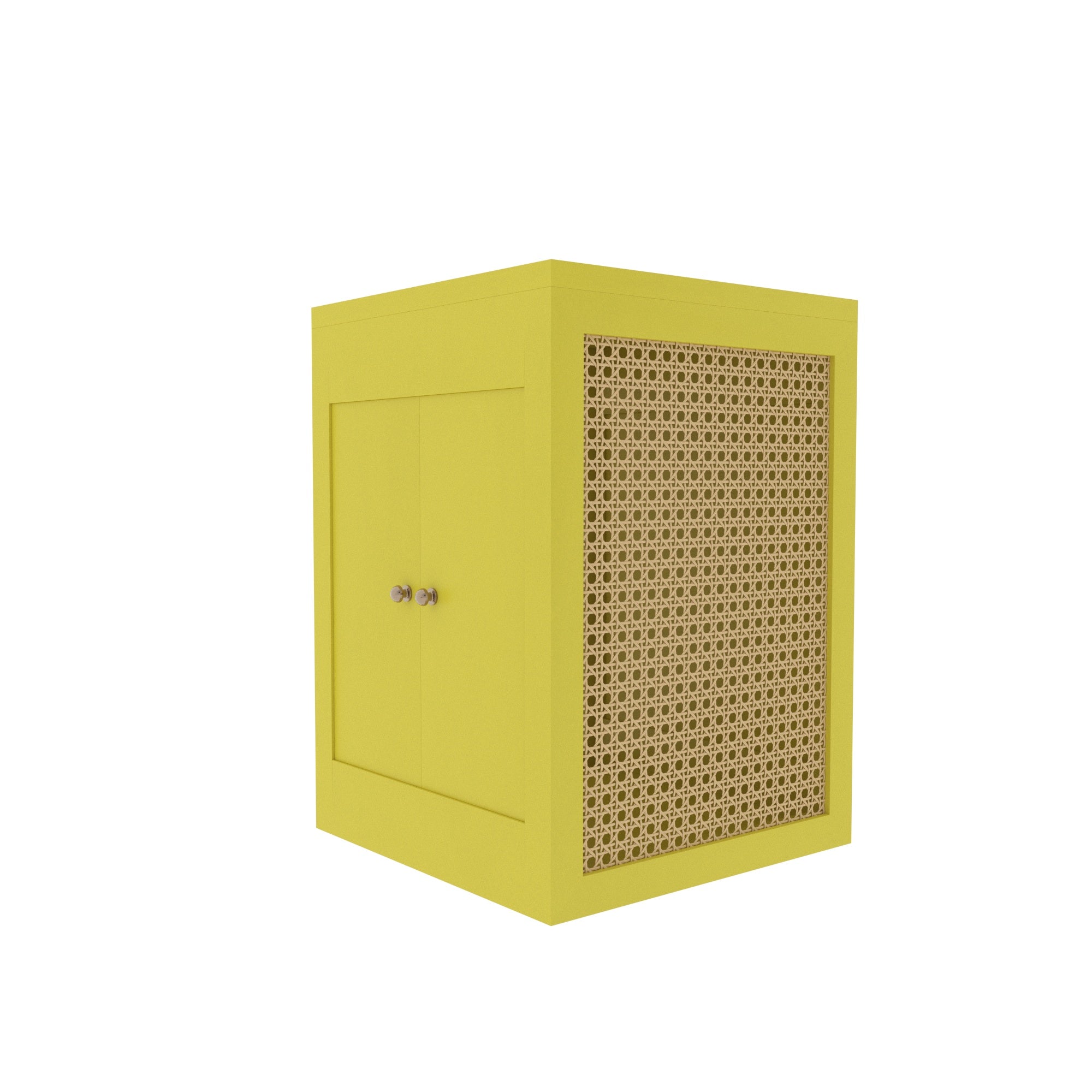 Yellow Cane Cabinet - Modern Storage with Natural Rattan Webbing Wooden Box
