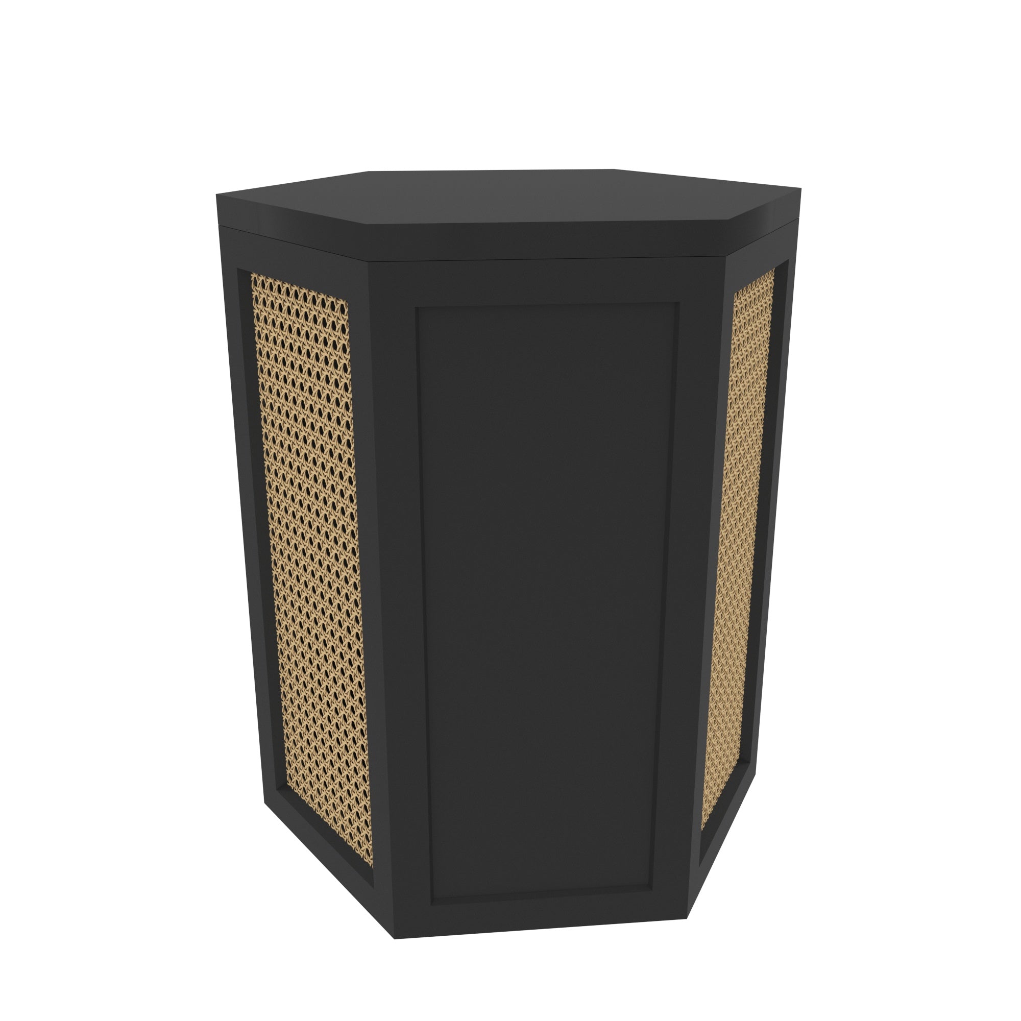 Hexagonal Cane Storage Ottoman - Black Finish with Natural Rattan Webbing Wooden Box