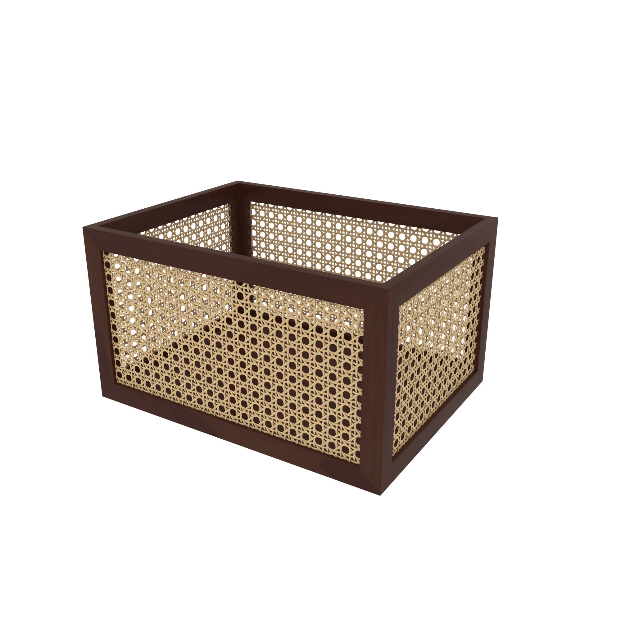 Large Brown Cane Storage Basket - Spacious Organizer with Natural Rattan Webbing Wooden Box