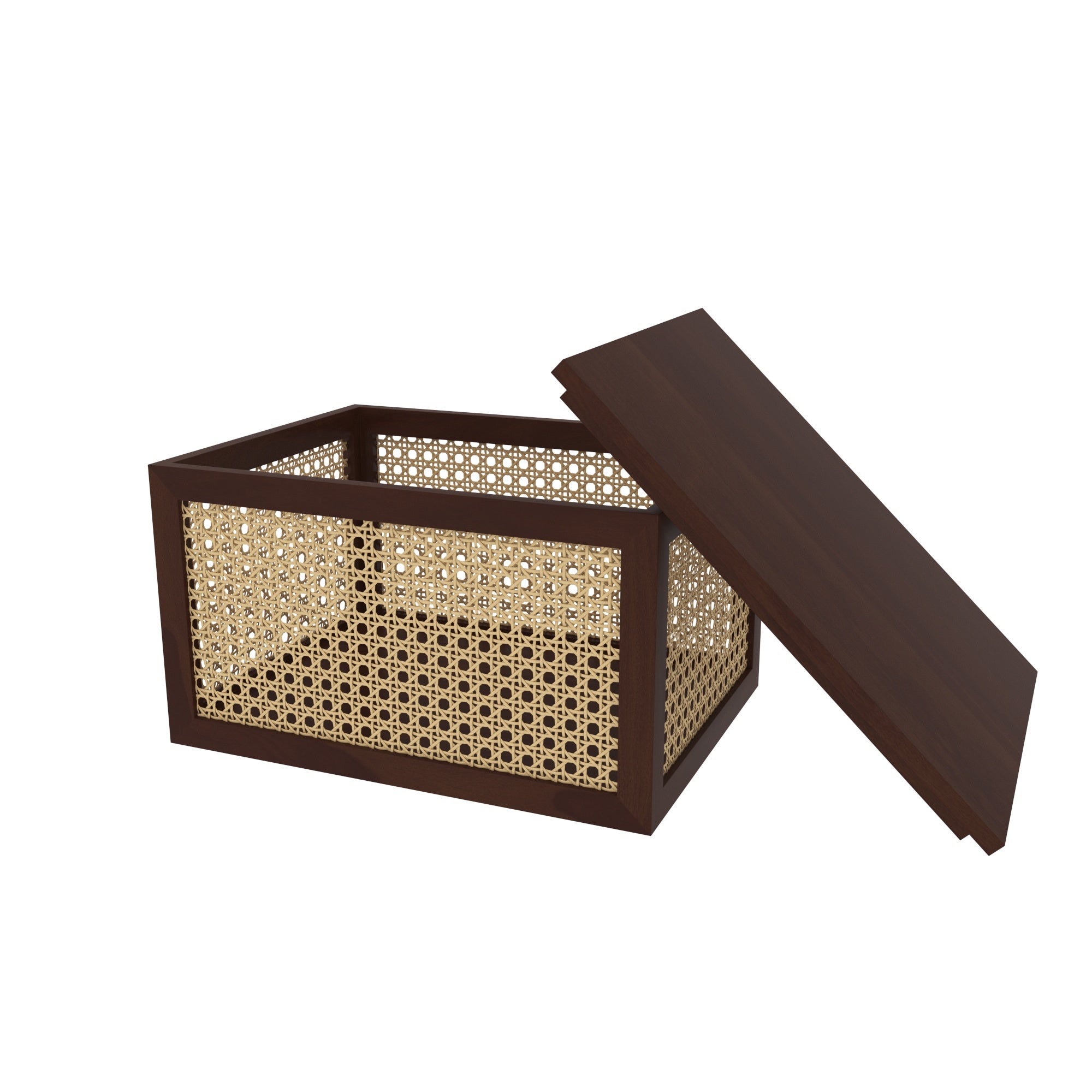 Brown Cane Storage Trunk - Large Wooden Chest with Natural Rattan Webbing Wooden Box