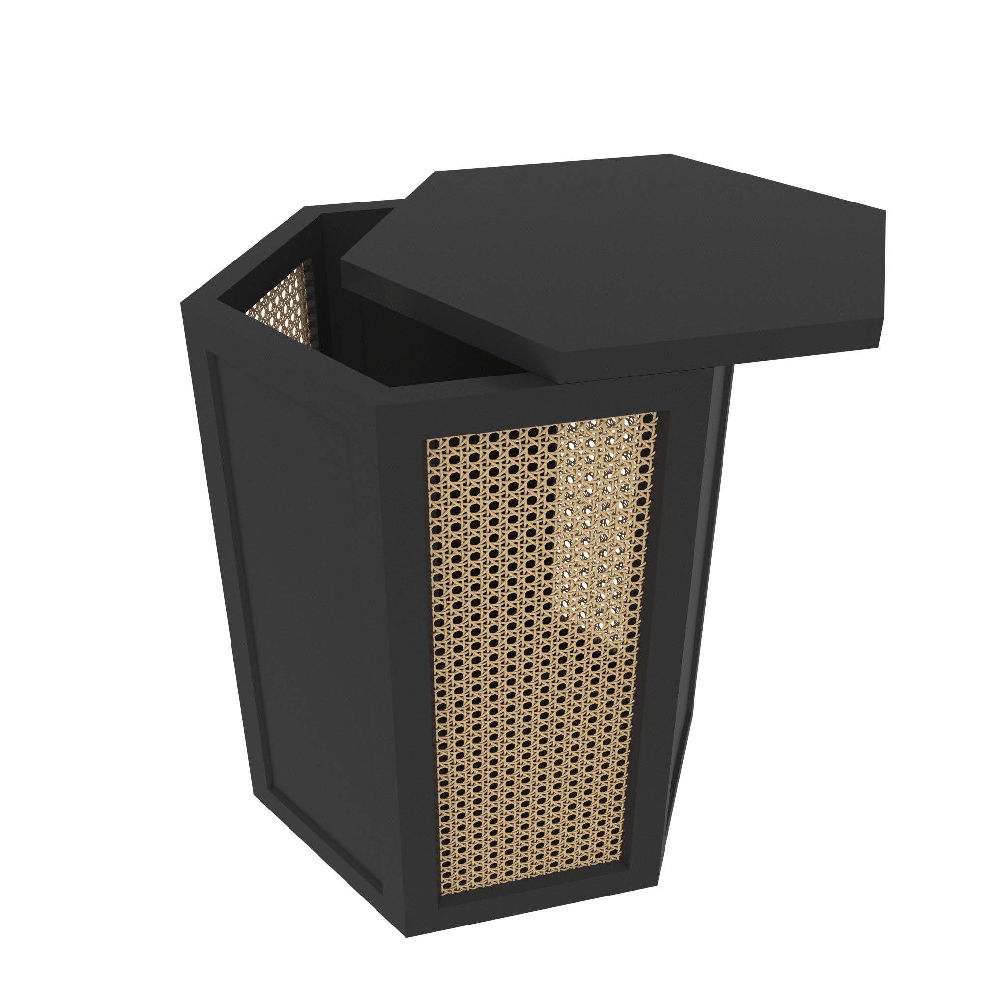 Hexagonal Cane Storage Ottoman - Black Finish with Natural Rattan Webbing Wooden Box
