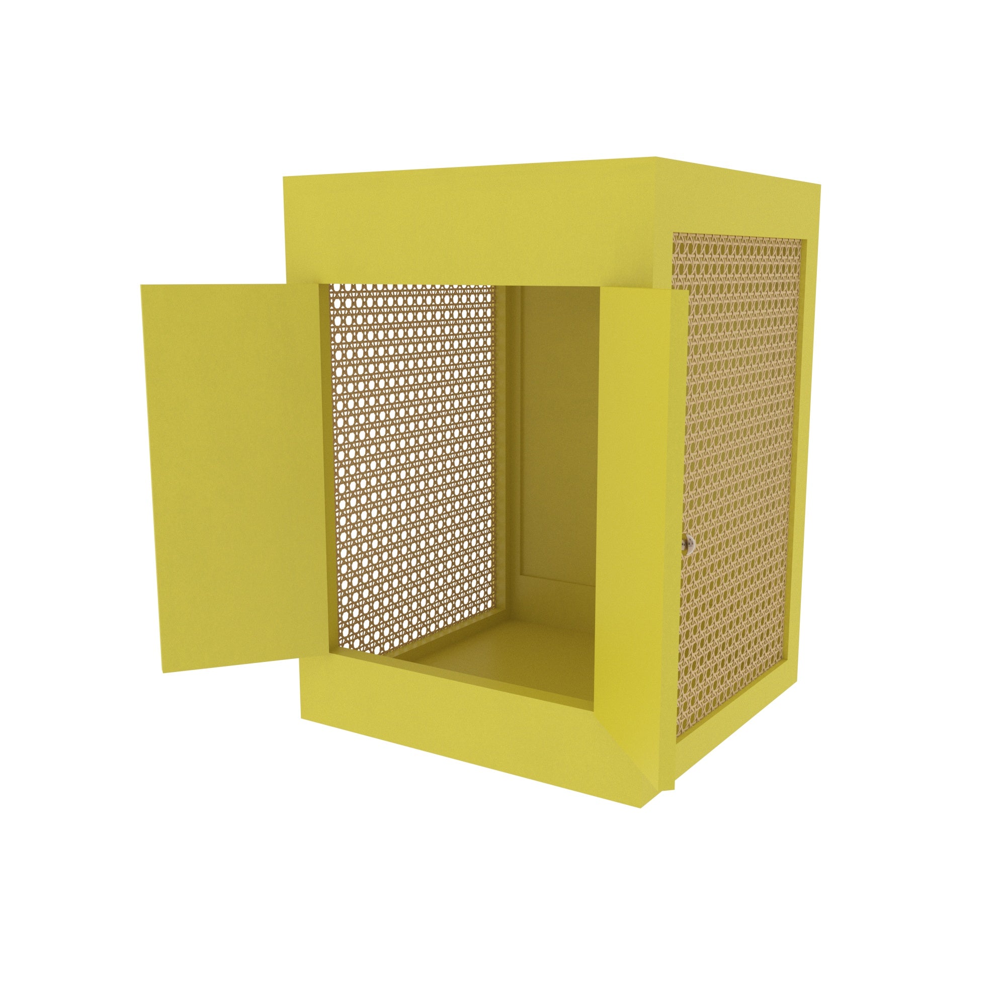Yellow Cane Cabinet - Modern Storage with Natural Rattan Webbing Wooden Box