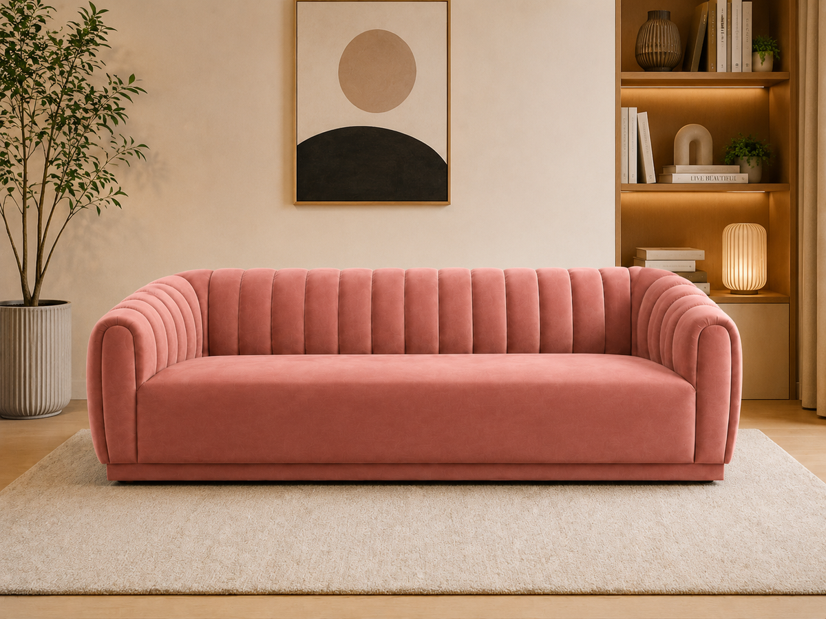 Modern Pink Channel-Tufted 3-Seater Sofa with Curved Arms Sofa