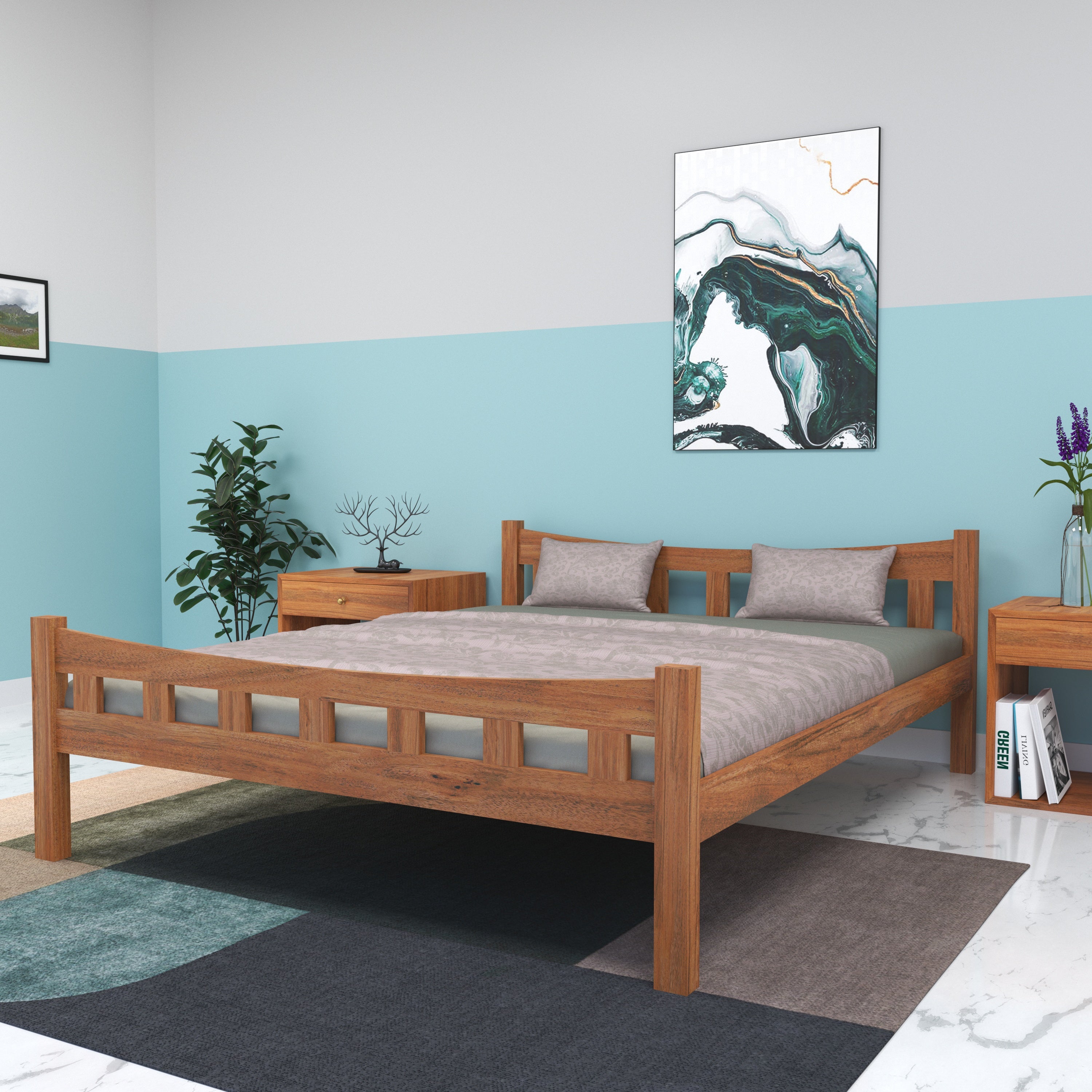 Contemporary Rustic Bedroom: Teal Accent Wall & Wooden Platform Bed bed
