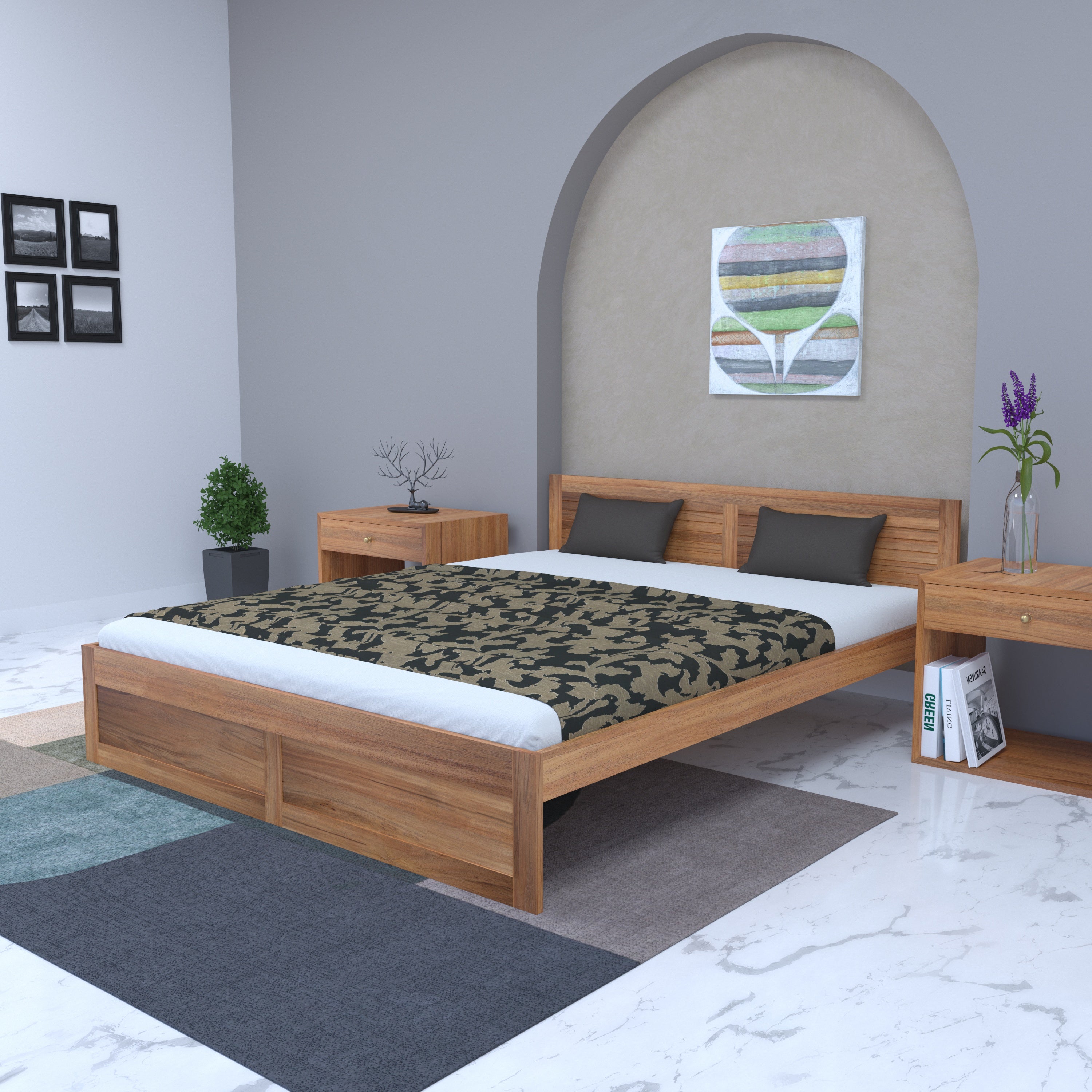 Contemporary Wooden Double Bed with Headboard – Isolated View bed