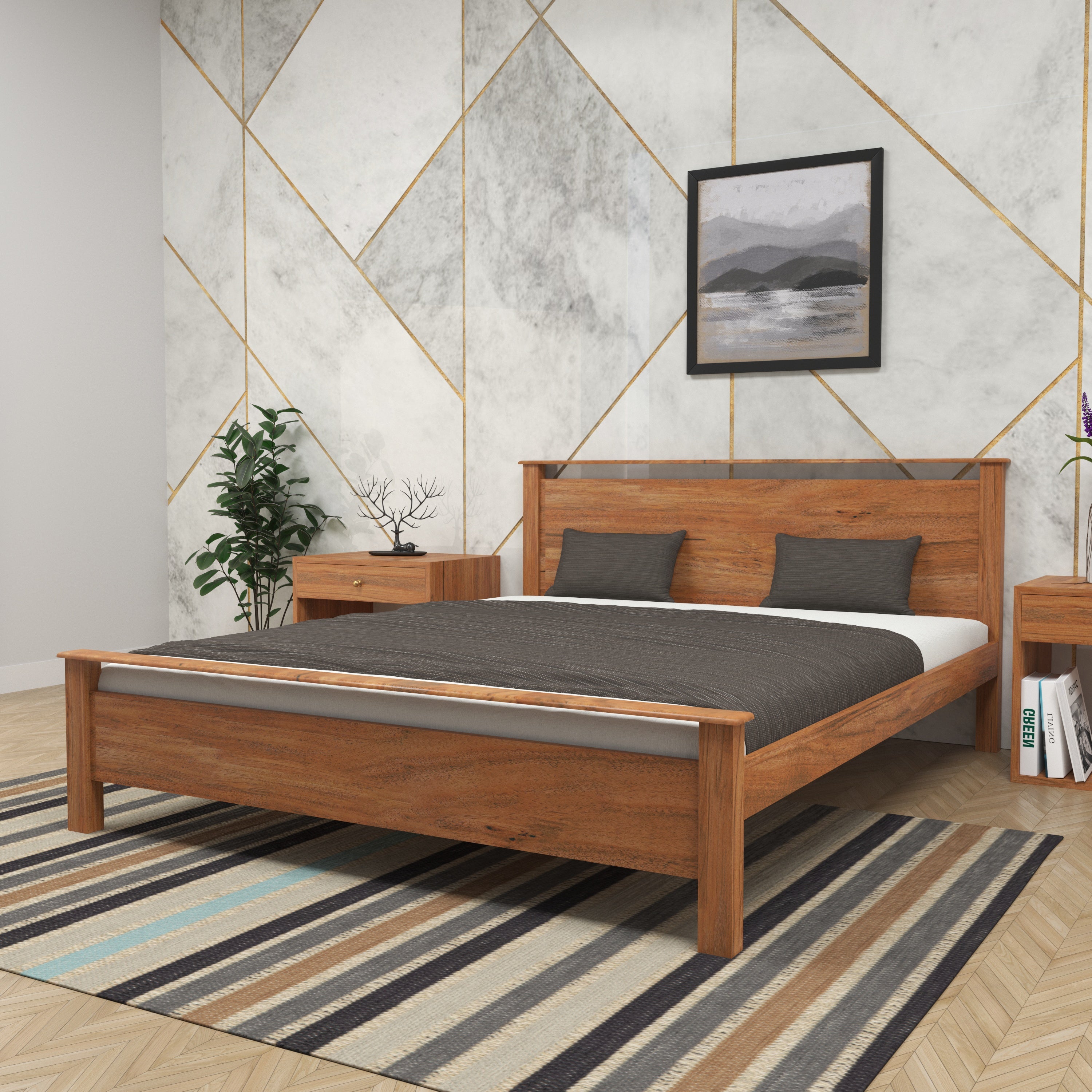 Modern Luxe Bedroom: Geometric Marble Accent & Wooden Platform Bed Bed