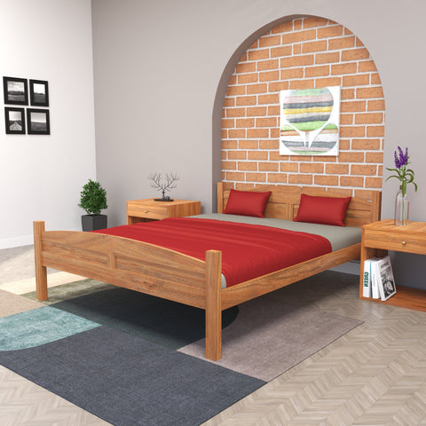 Modern Rustic Bedroom: Wooden Platform Bed with Brick Arch Accent