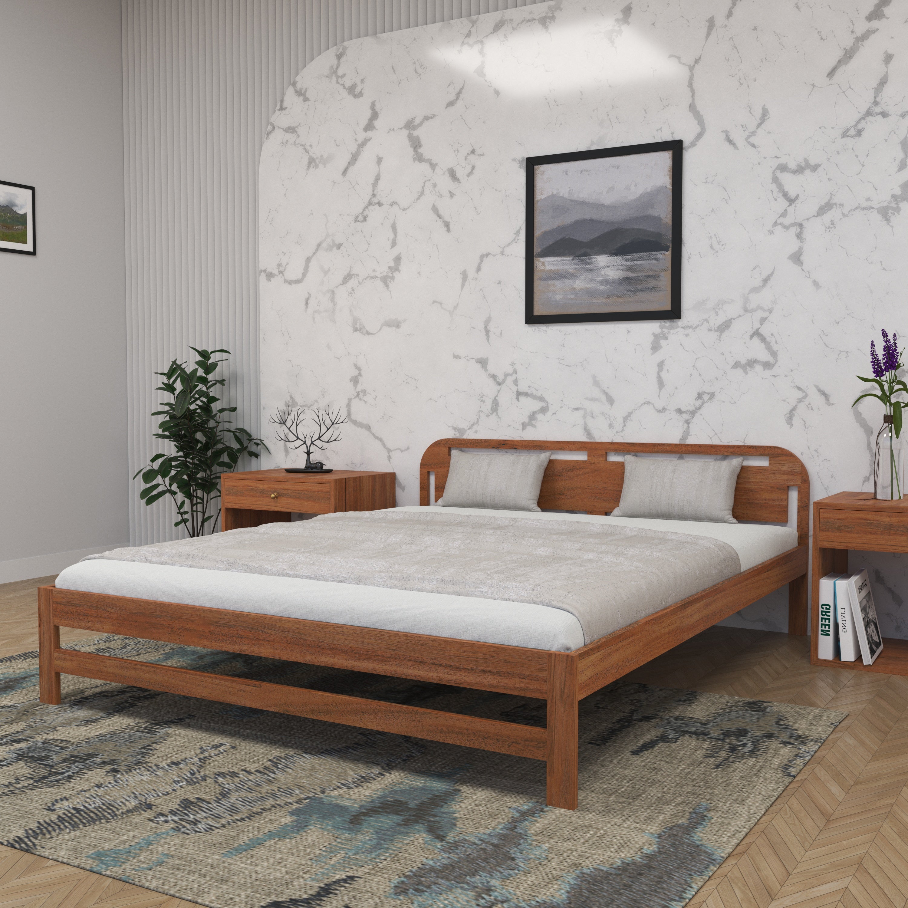 Modern Marble Accent Bedroom with Wooden Platform Bed bed