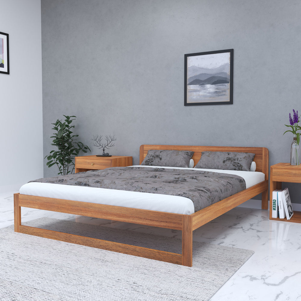 Elegant Wooden Bed with Rounded Headboard – Isolated Modern Design