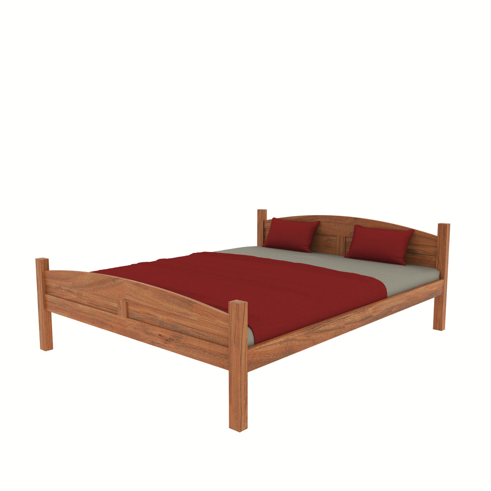 Modern Rustic Bedroom: Wooden Platform Bed with Brick Arch Accent