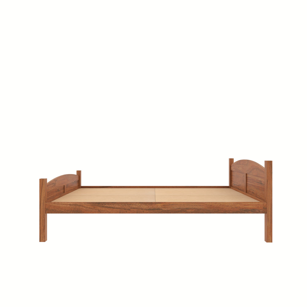 Modern Rustic Bedroom: Wooden Platform Bed with Brick Arch Accent