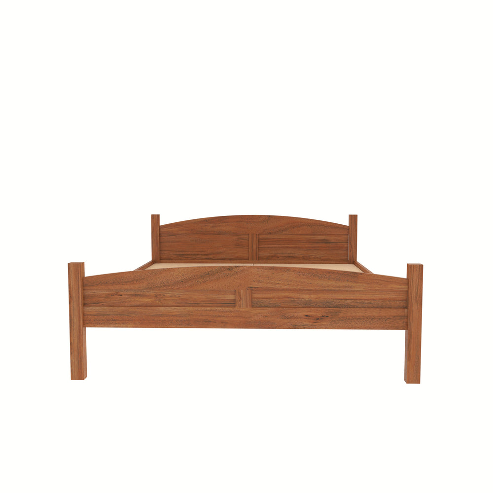 Modern Rustic Bedroom: Wooden Platform Bed with Brick Arch Accent